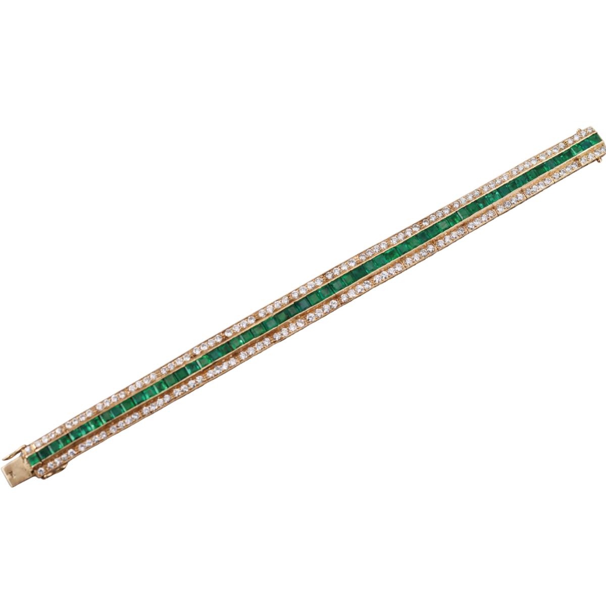 1980s Vintage 18K Gold Diamond Emerald Bracelet