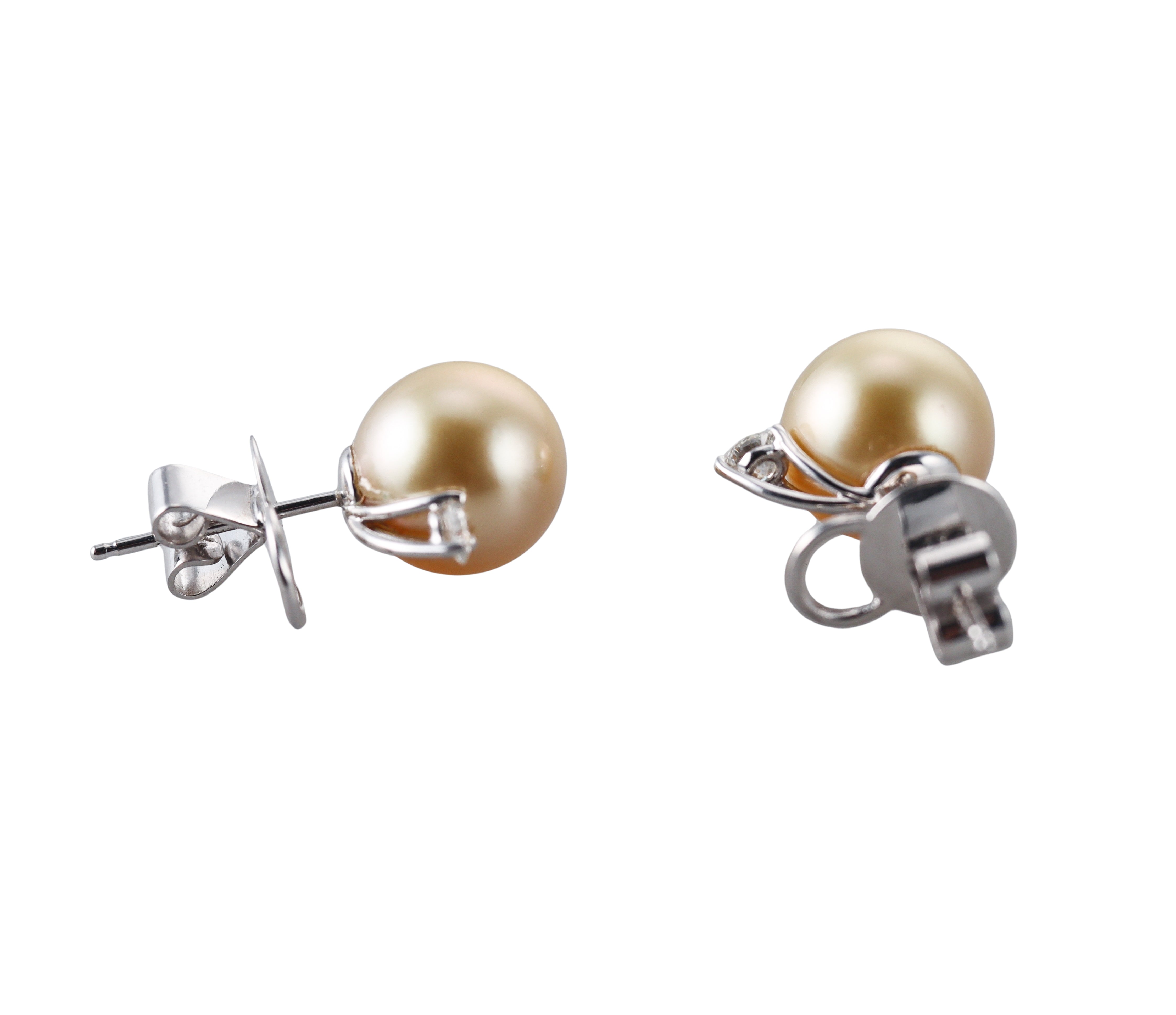 18k Gold Golden South Sea Pearl Diamond Stud Earrings