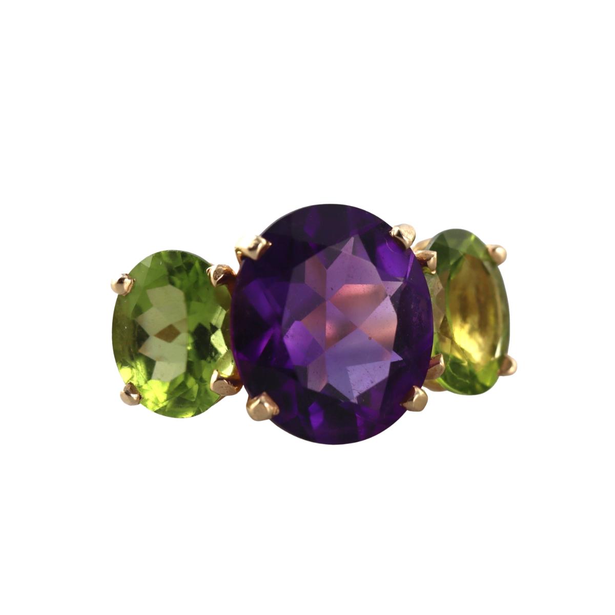 14k Yellow Gold Peridot Amethyst Cocktail  Ring