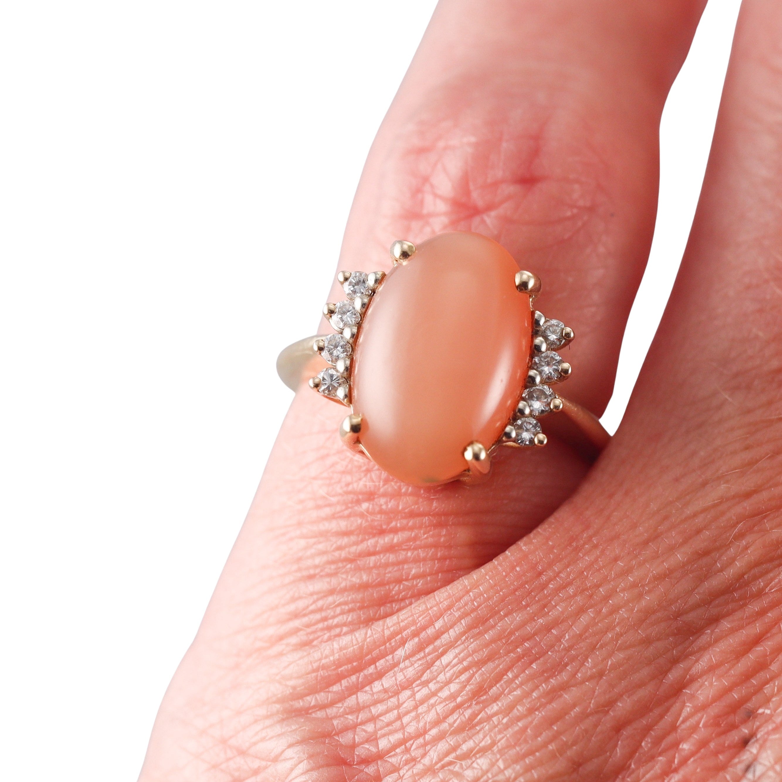 14k Yellow Gold Peach Moonstone Diamonds Ring
