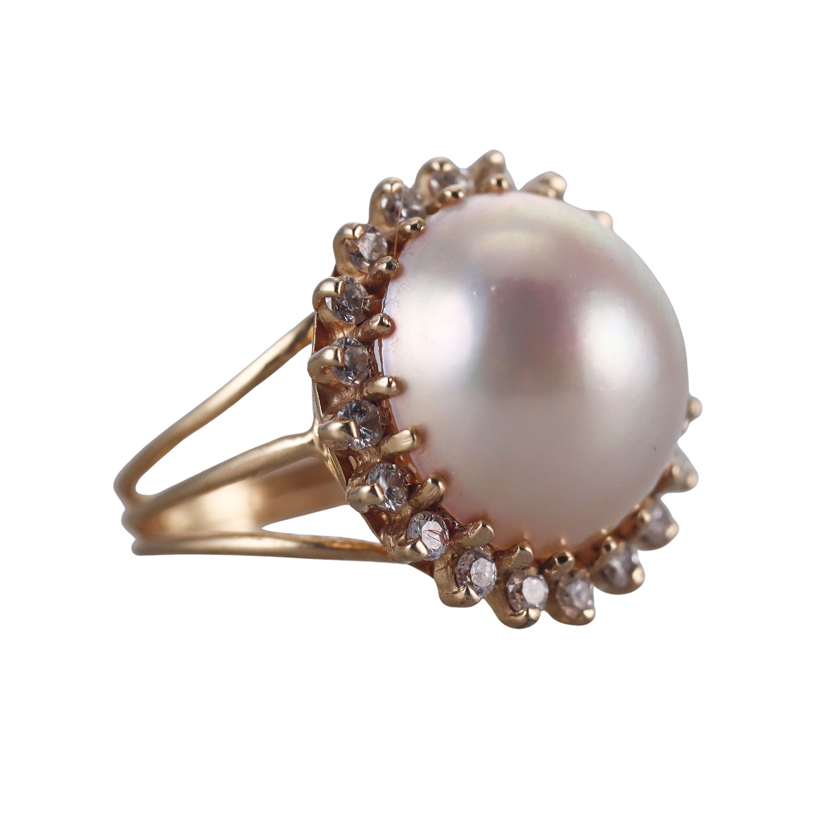 14k Yellow Gold Pearl Diamond Ring