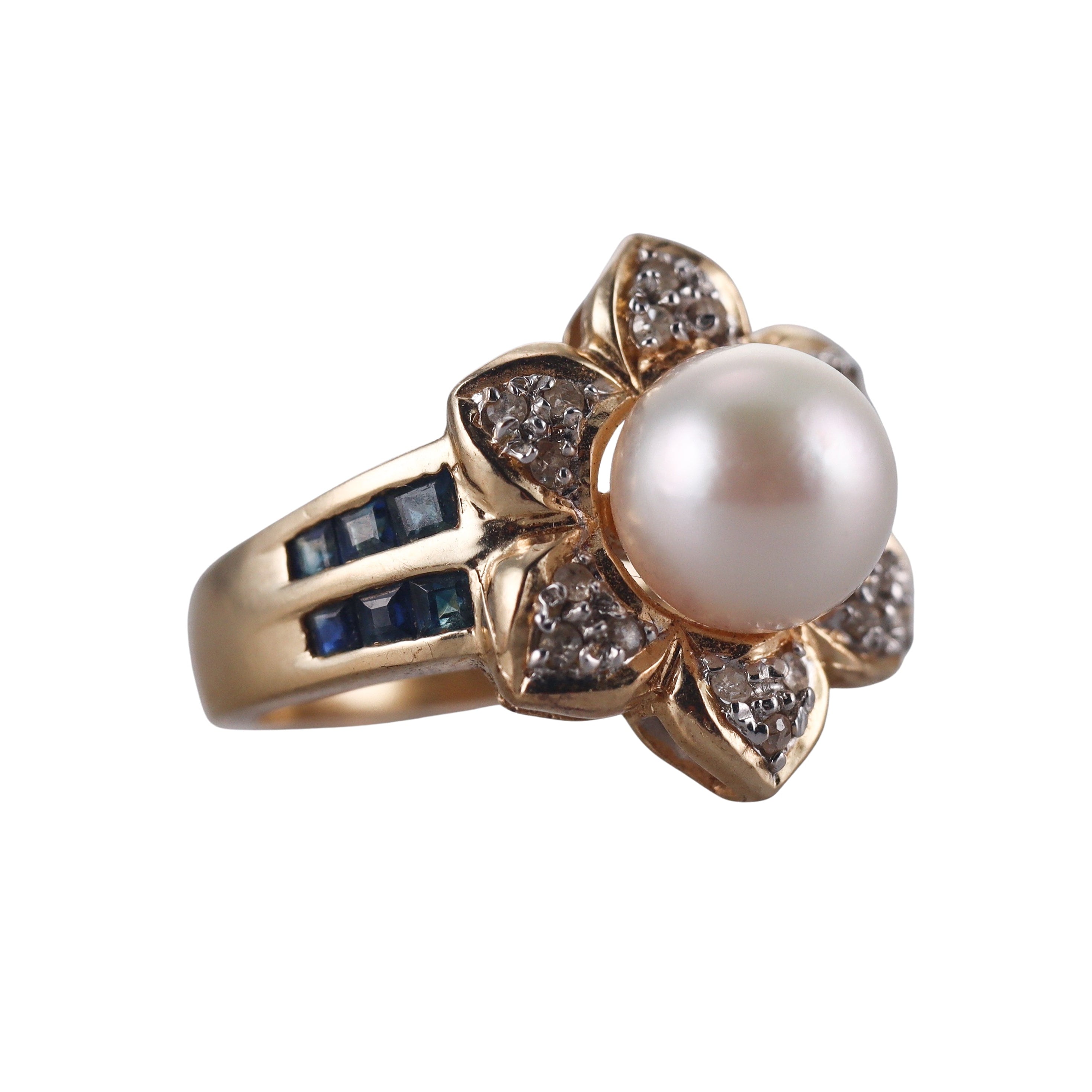 14k Yellow Gold Pearl Diamond Sapphire Ring