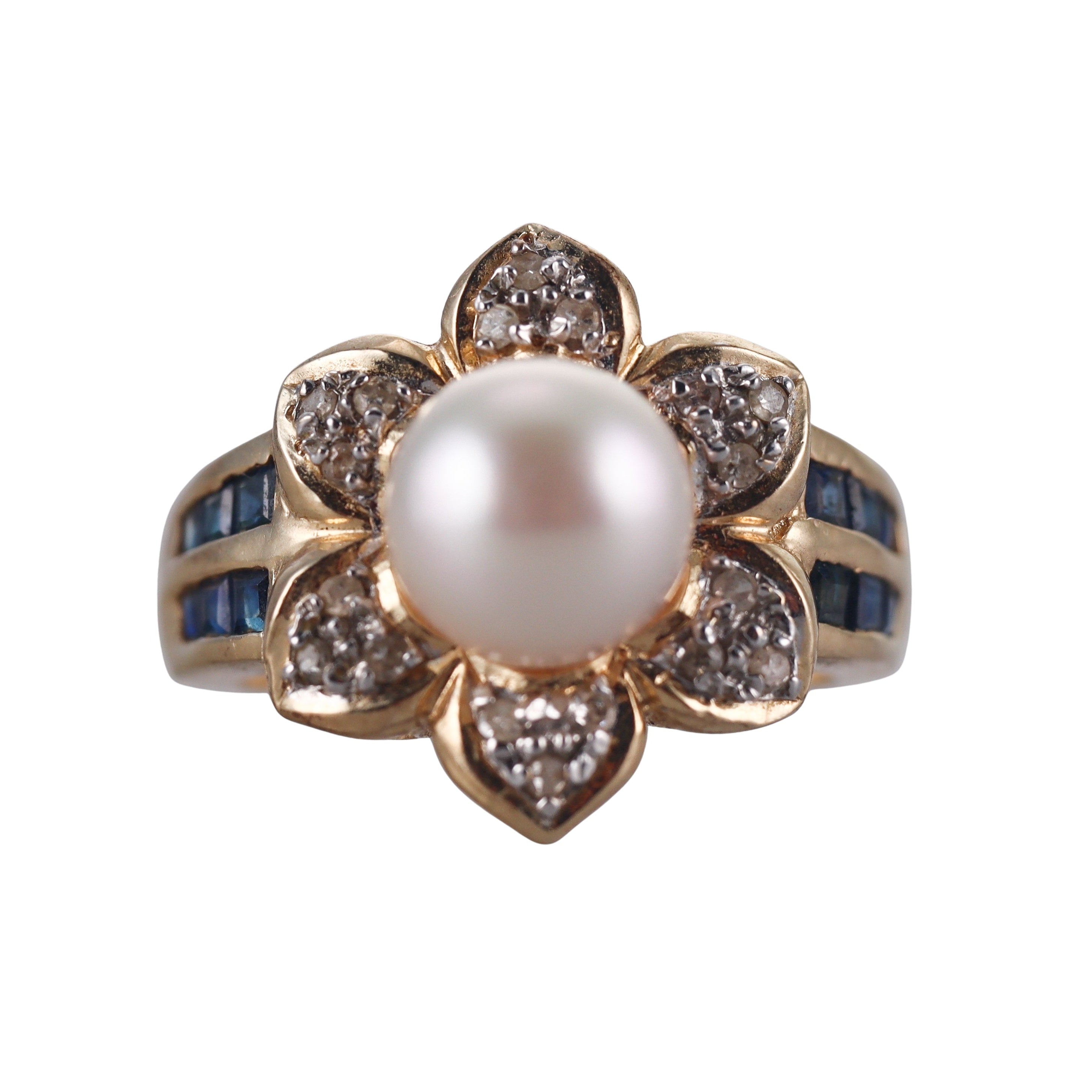 14k Yellow Gold Pearl Diamond Sapphire Ring