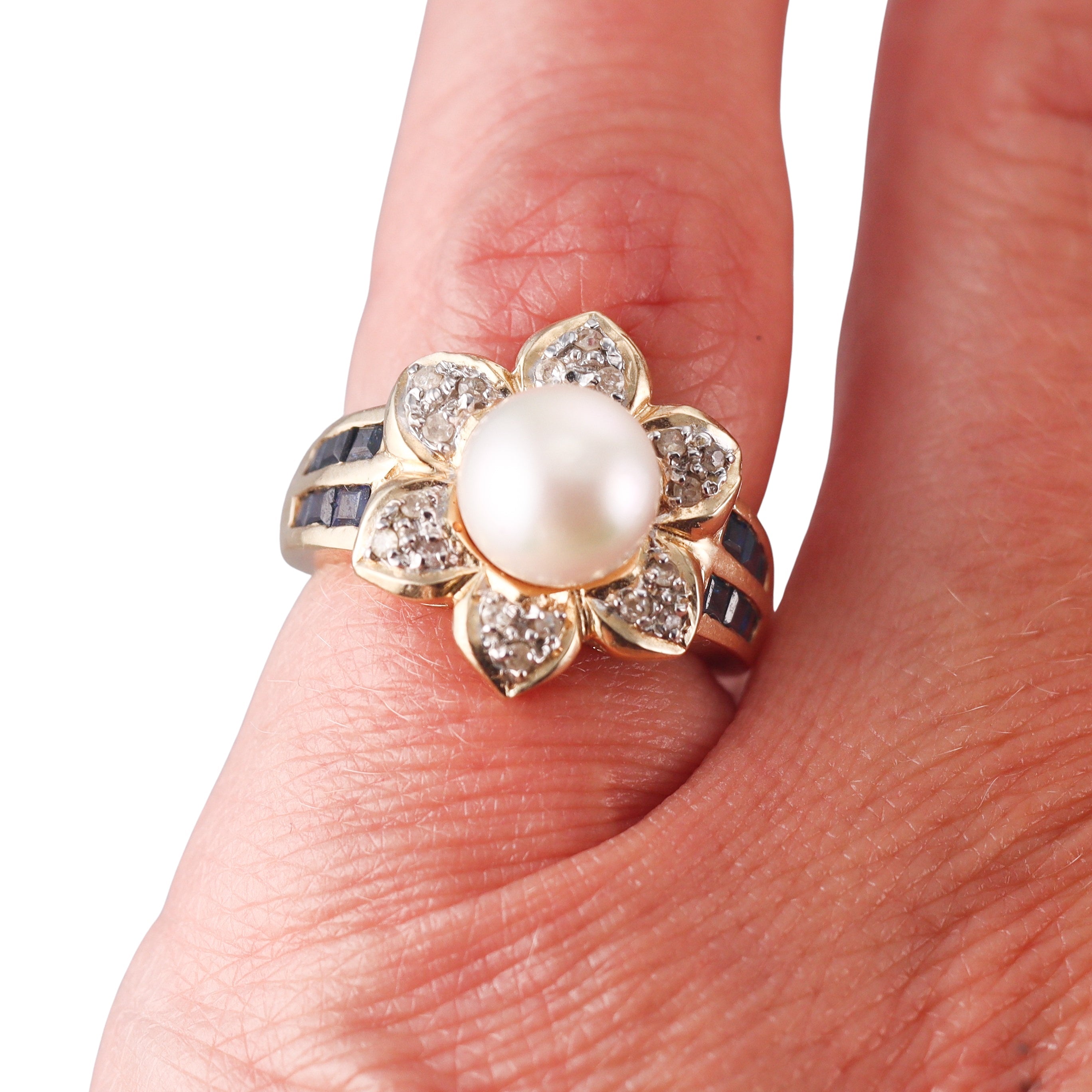 14k Yellow Gold Pearl Diamond Sapphire Ring