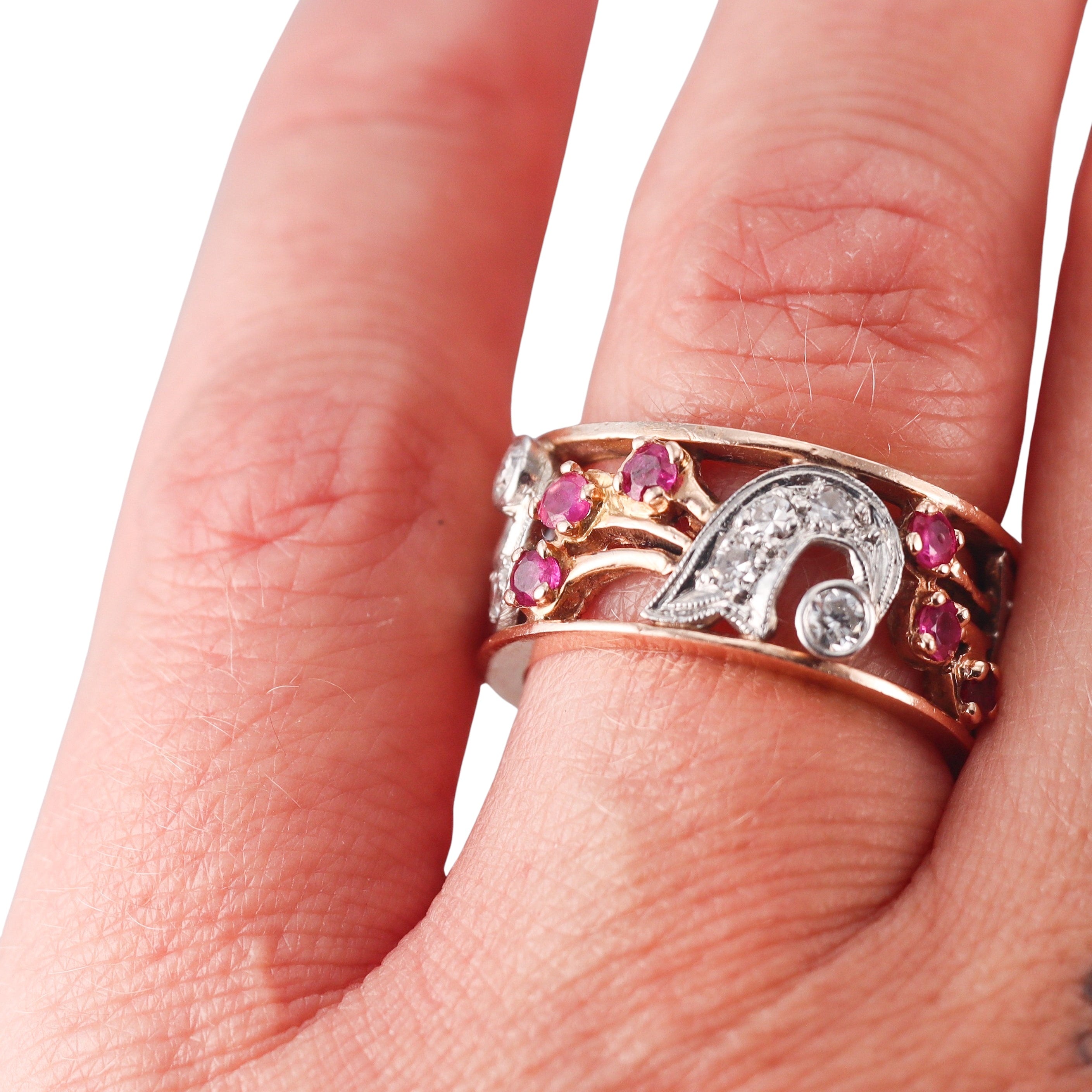 Retro 14k Gold Diamond Ruby Band Ring