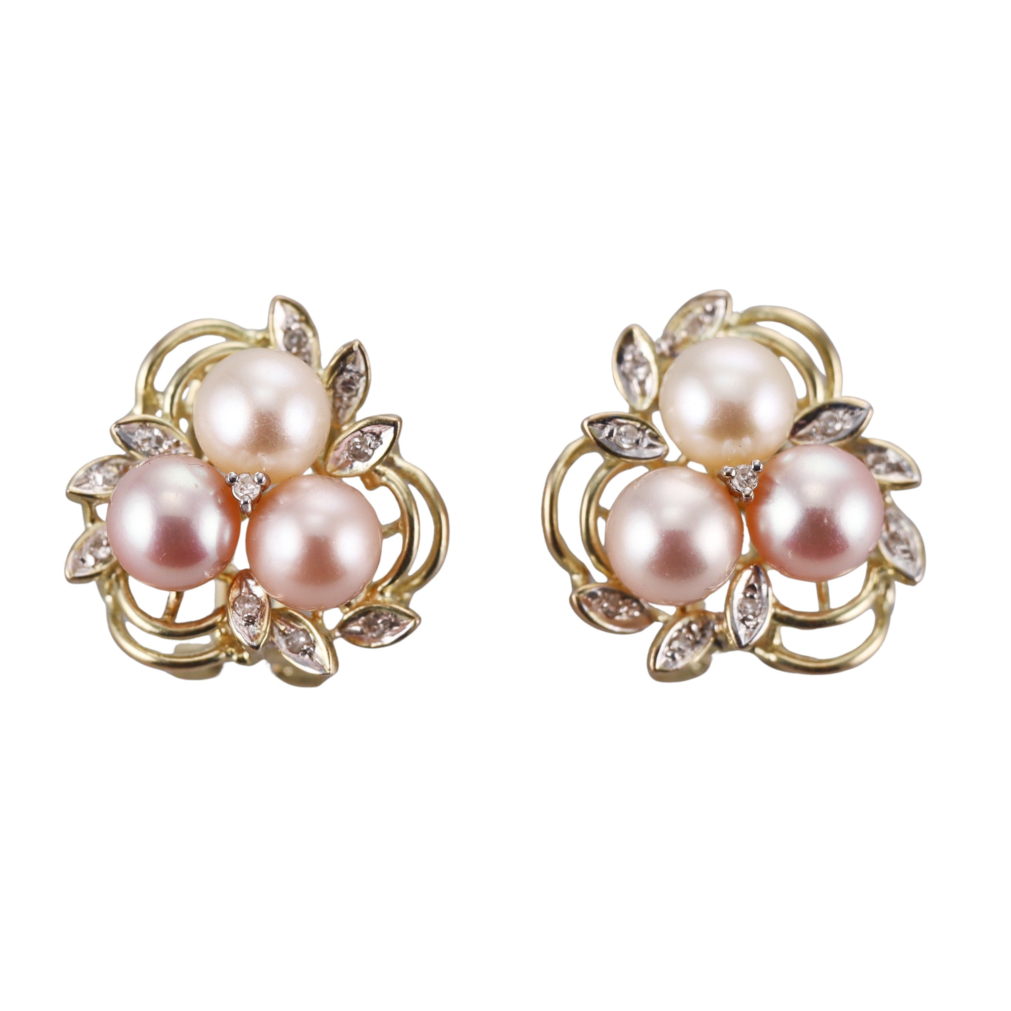 1980S 14k Gold Diamond Pearl Earrings