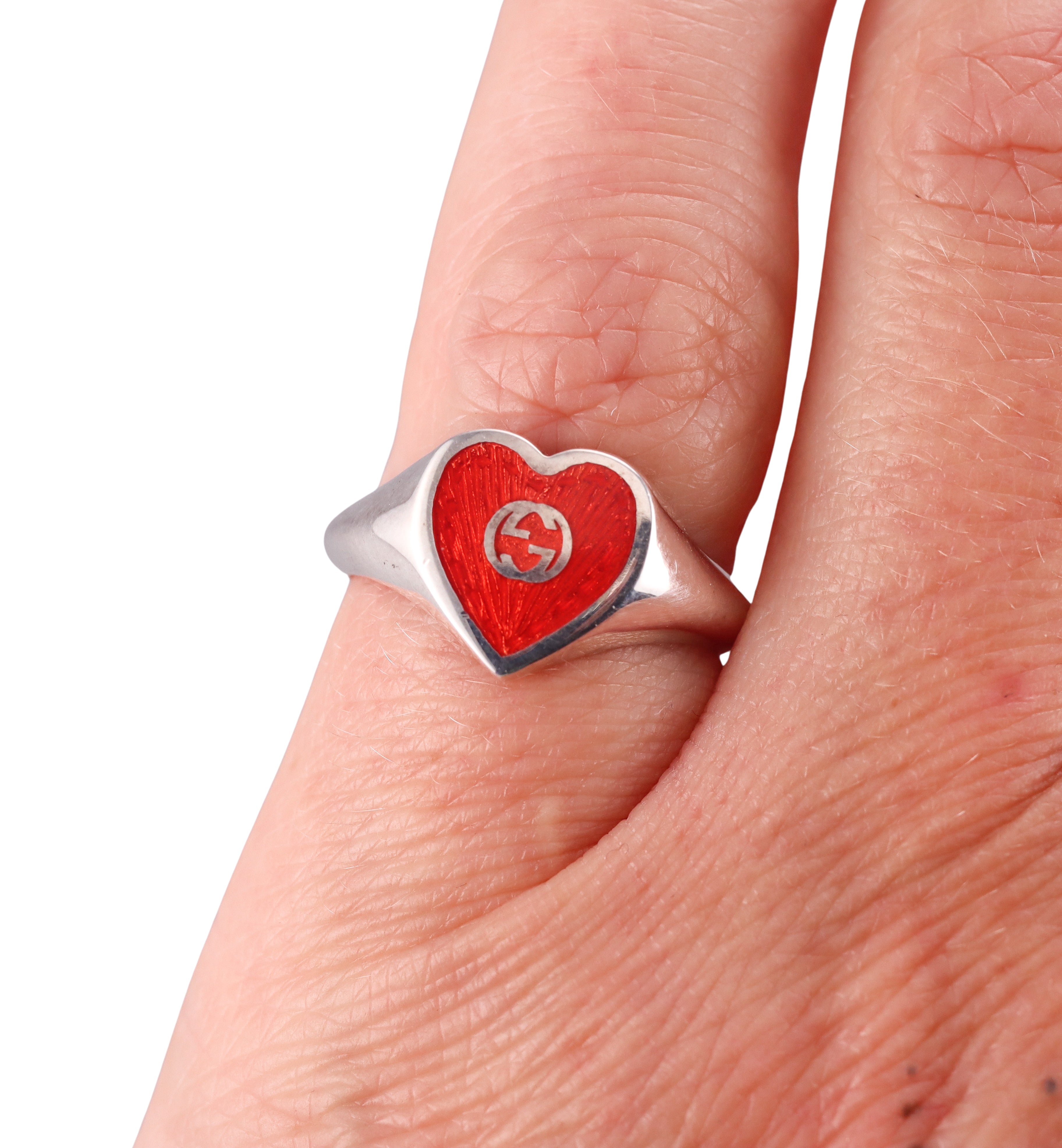 Gucci Sterling Silver Red Enamel Heart Ring Retail $350