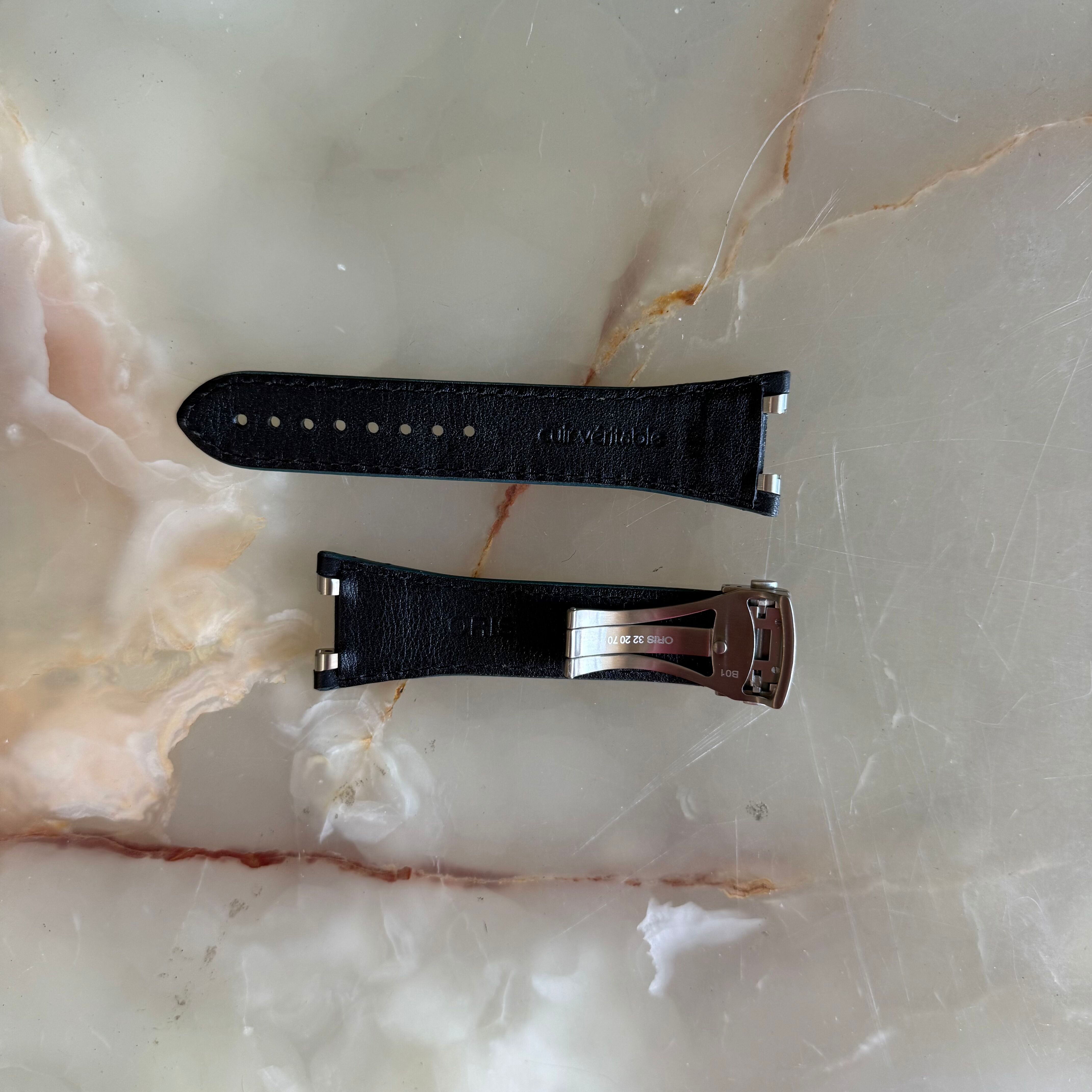 Authentic Oris TT3 Black Leather Watch Strap Band 28mm w Deployant Buckle 07 5 28 02FC