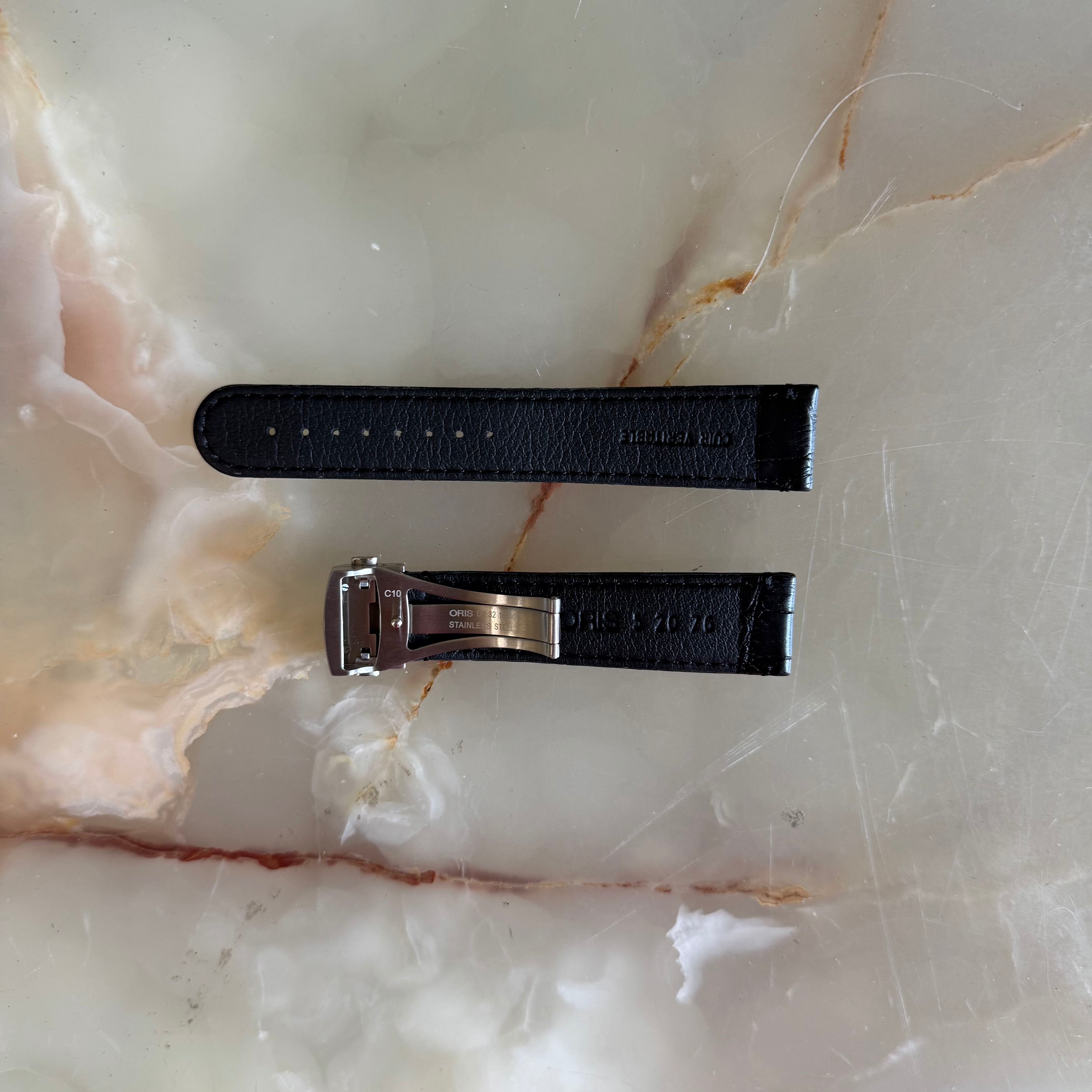 Authentic Oris Black Leather Watch Strap Band 20mm w Deployant Buckle 52076