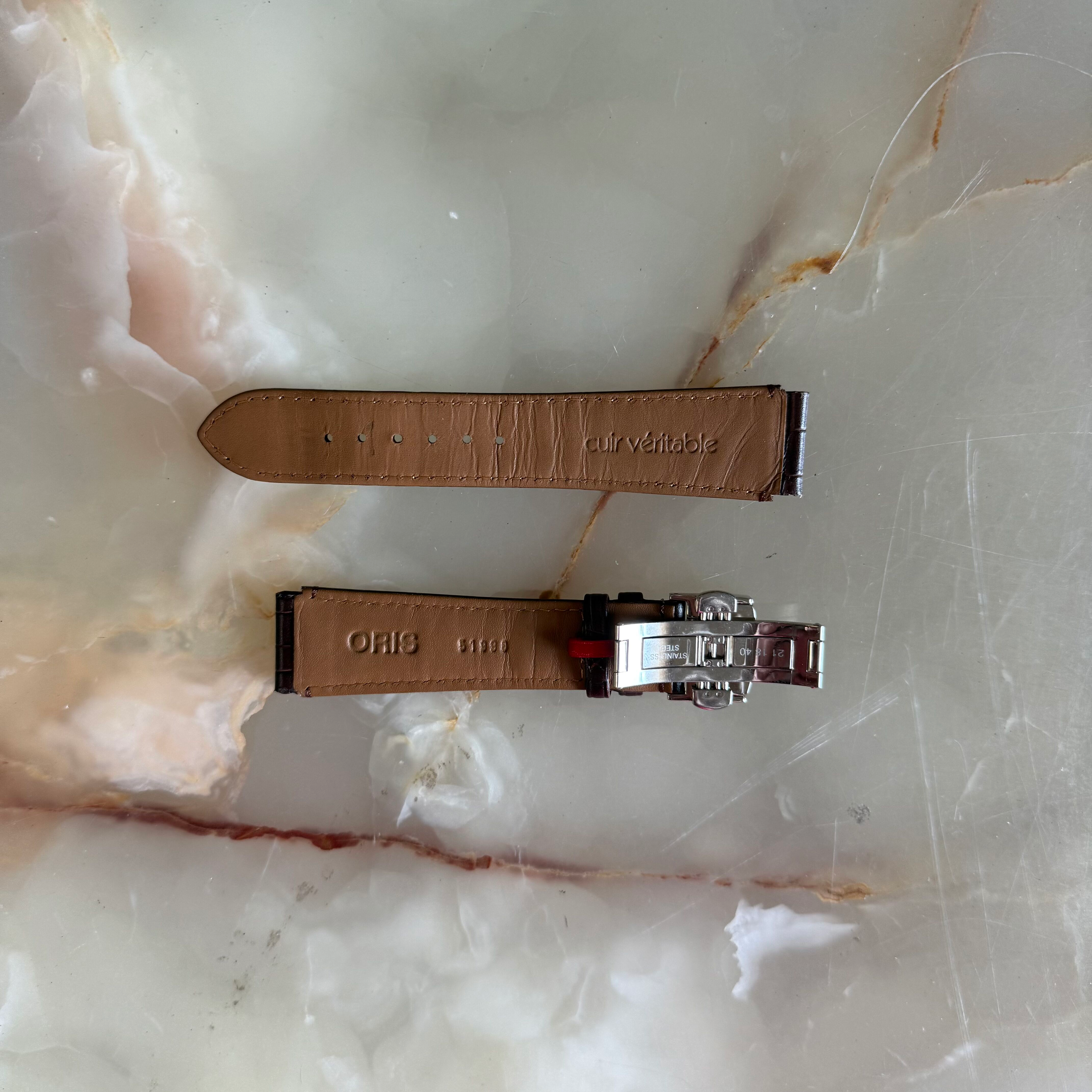 Authentic Oris Brown Leather Watch Strap Band 19mm w Deployant Buckle 51898