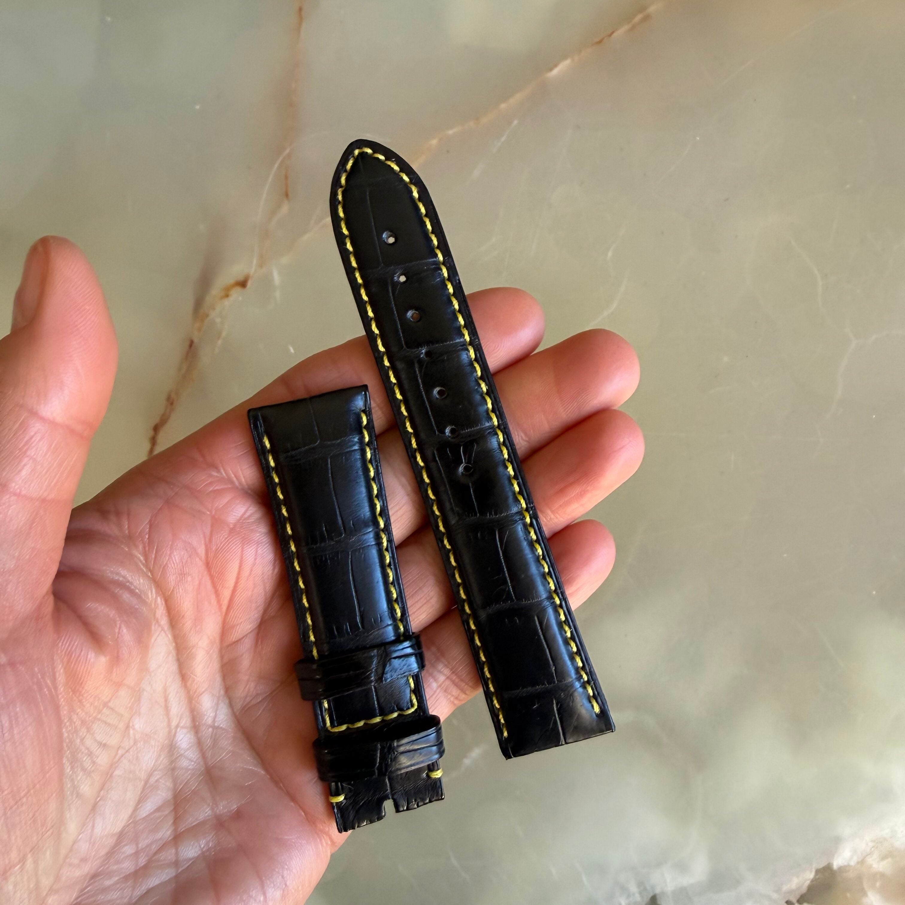 Authentic Tourneau Black Genuine Alligator Yellow Stitching Watch Strap Band 22.5mm