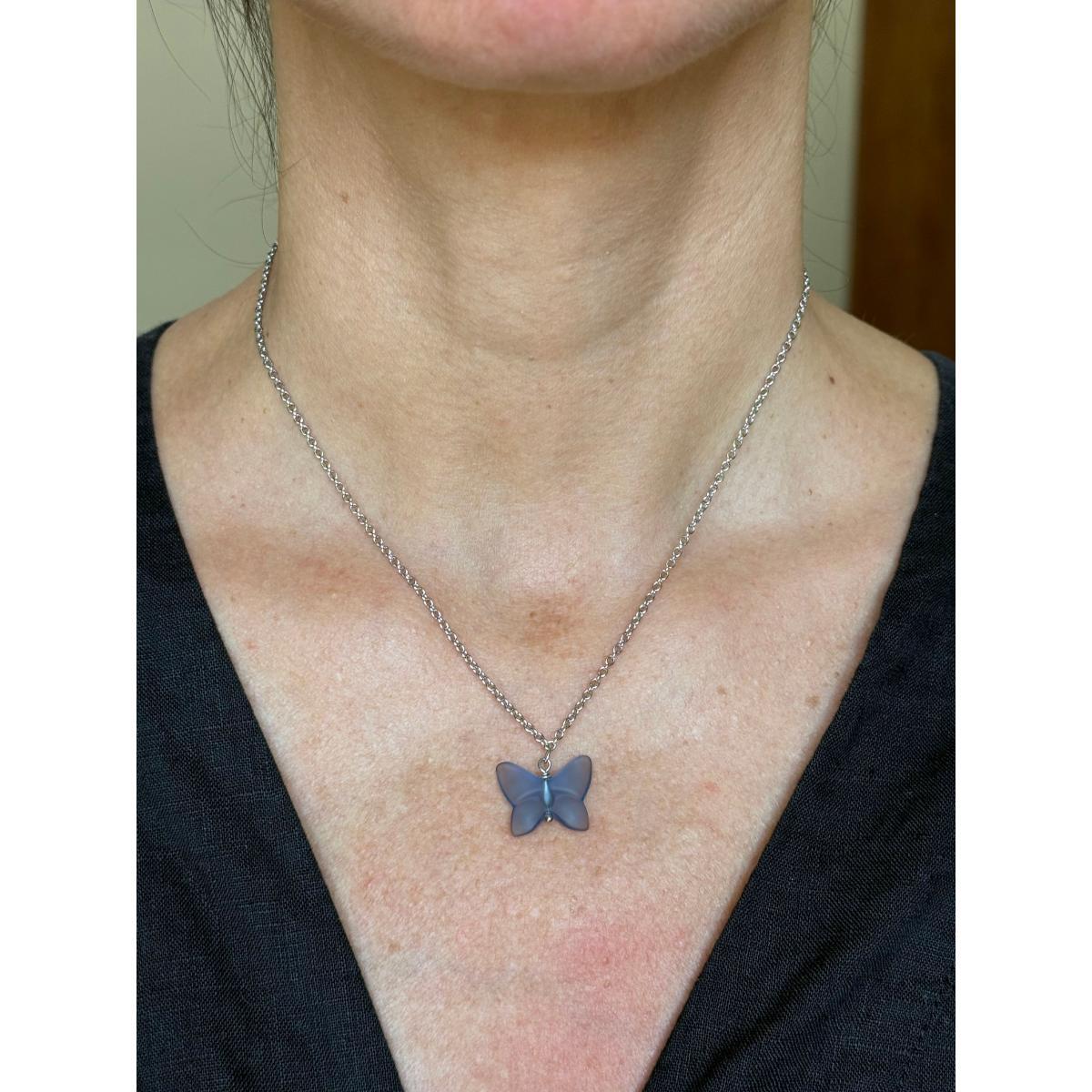 Lalique Papillon Blue Crystal Silver Butterfly Pendant Necklace 10751700