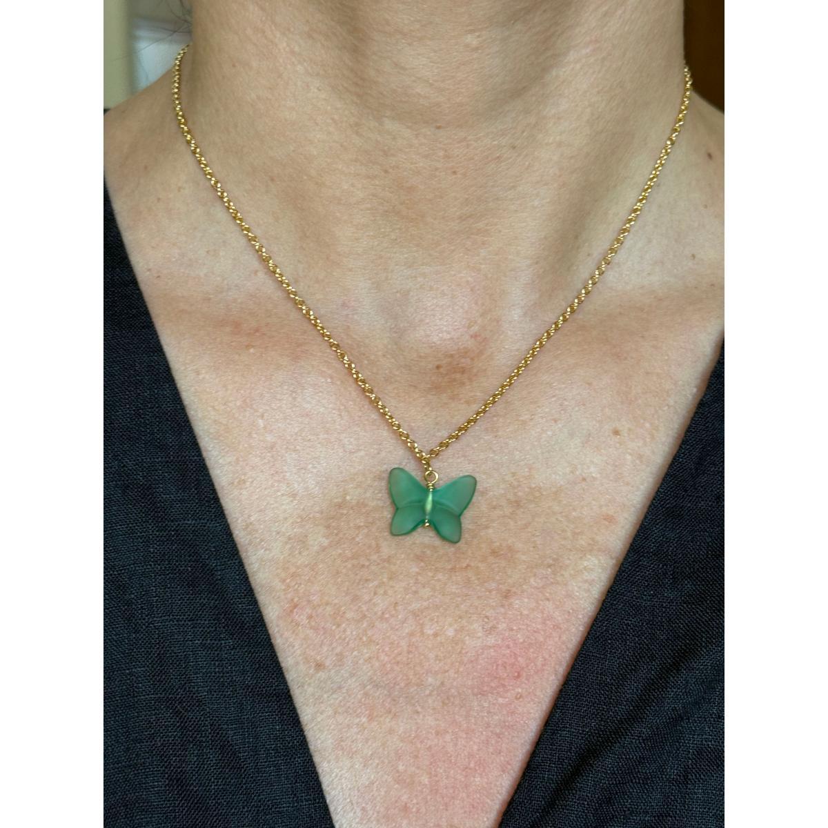 Lalique Papillon Green Crystal Gold Plated Butterfly Pendant Necklace 10755000