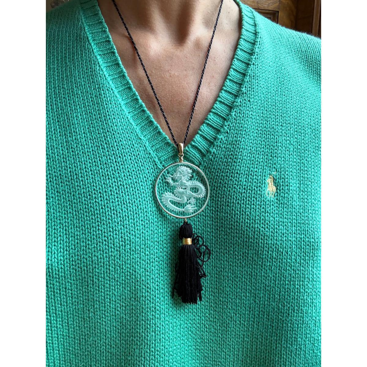 Lalique Dragon Clear Crystal Gold Plated Tassel Pendant Necklace 10791300