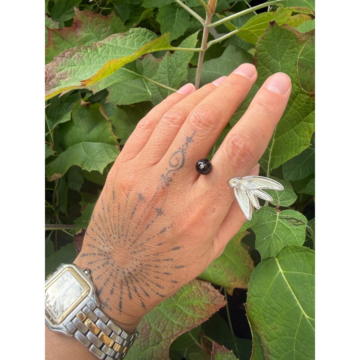 Lalique Hirondelles Swallow Crystal Onyx Sterling Silver Ring 10628200