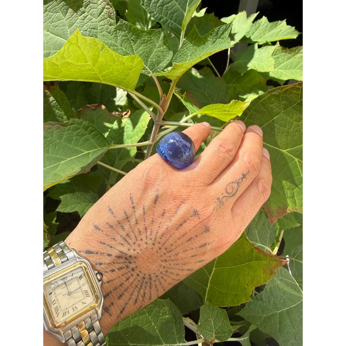 Lalique Carved Cabochon Blue Crystal Ring 10650700