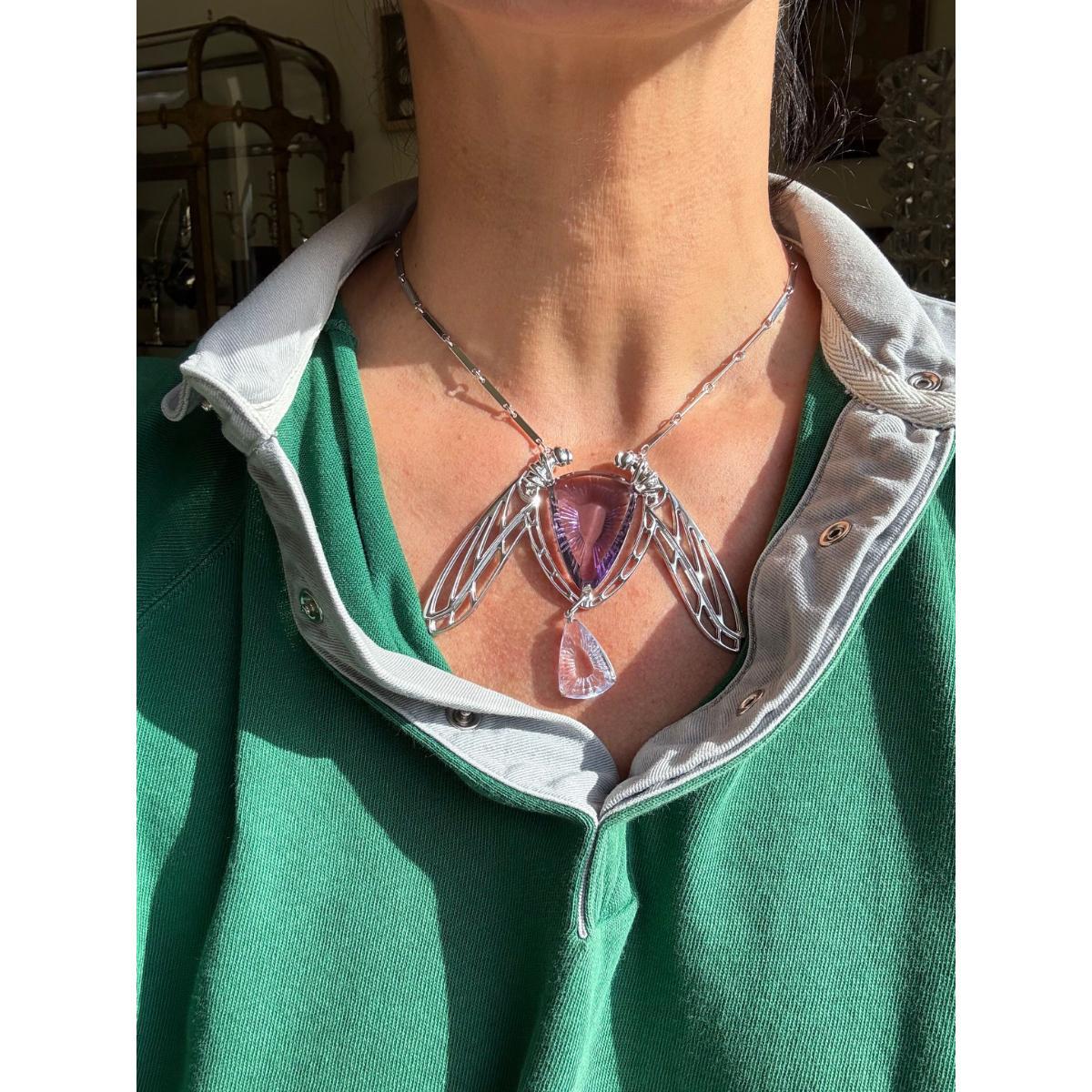 Lalique Ice Light Purple Crystal Dragonfly Sterling Silver Necklace 10047100