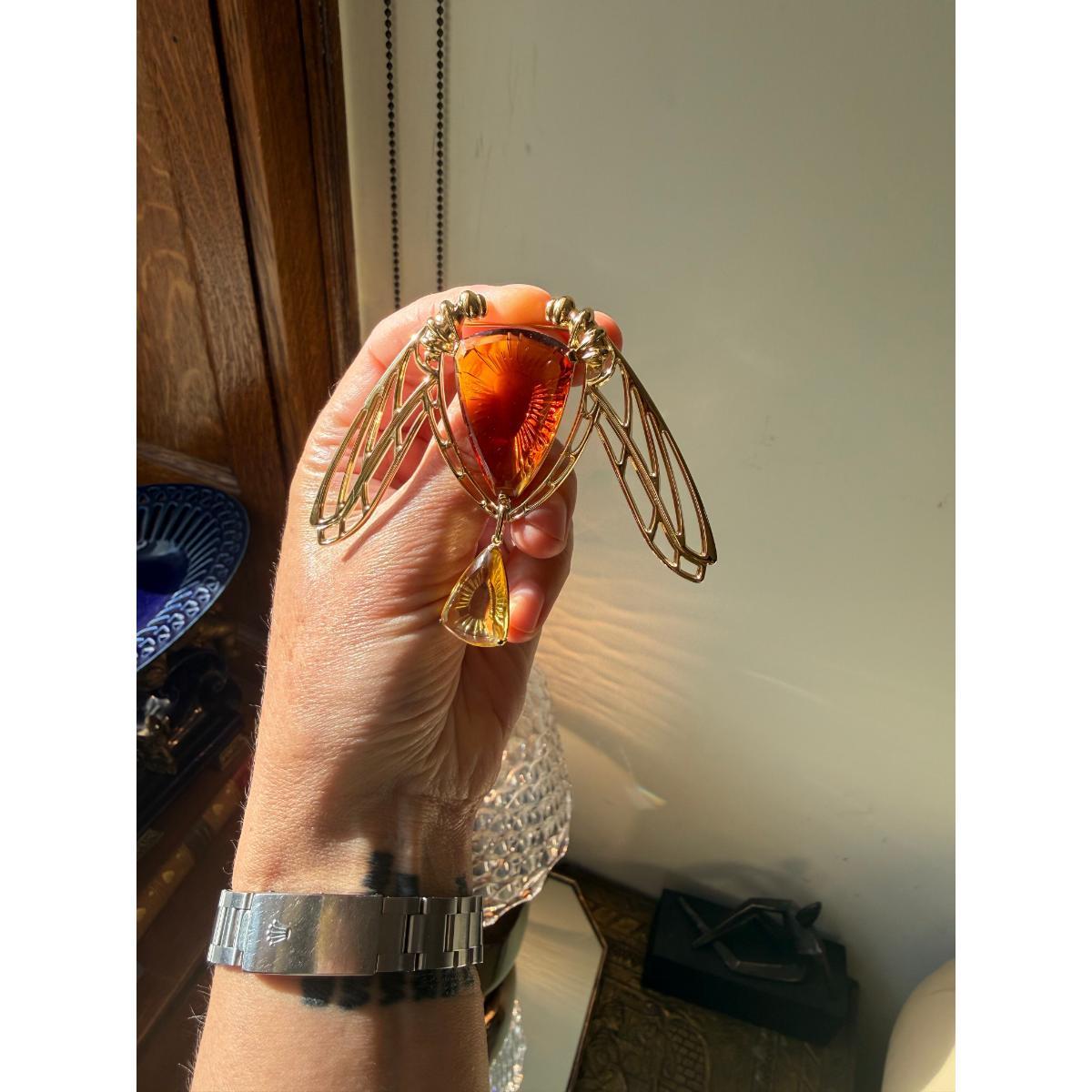 Lalique Ice Light Orange Crystal Gold Plated Silver Dragonfly Brooch 10046900