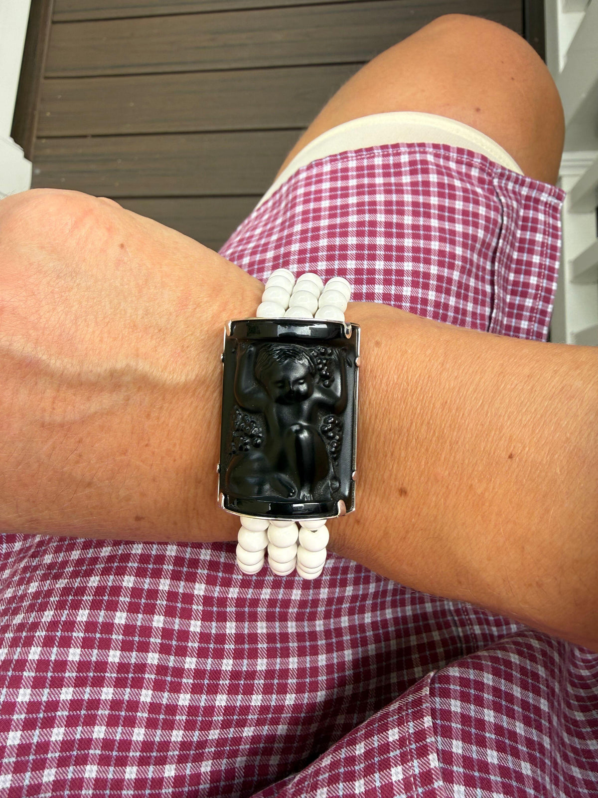 Lalique Nysa Black White Crystal Silver Three Strand Beaded Bracelet 10257800