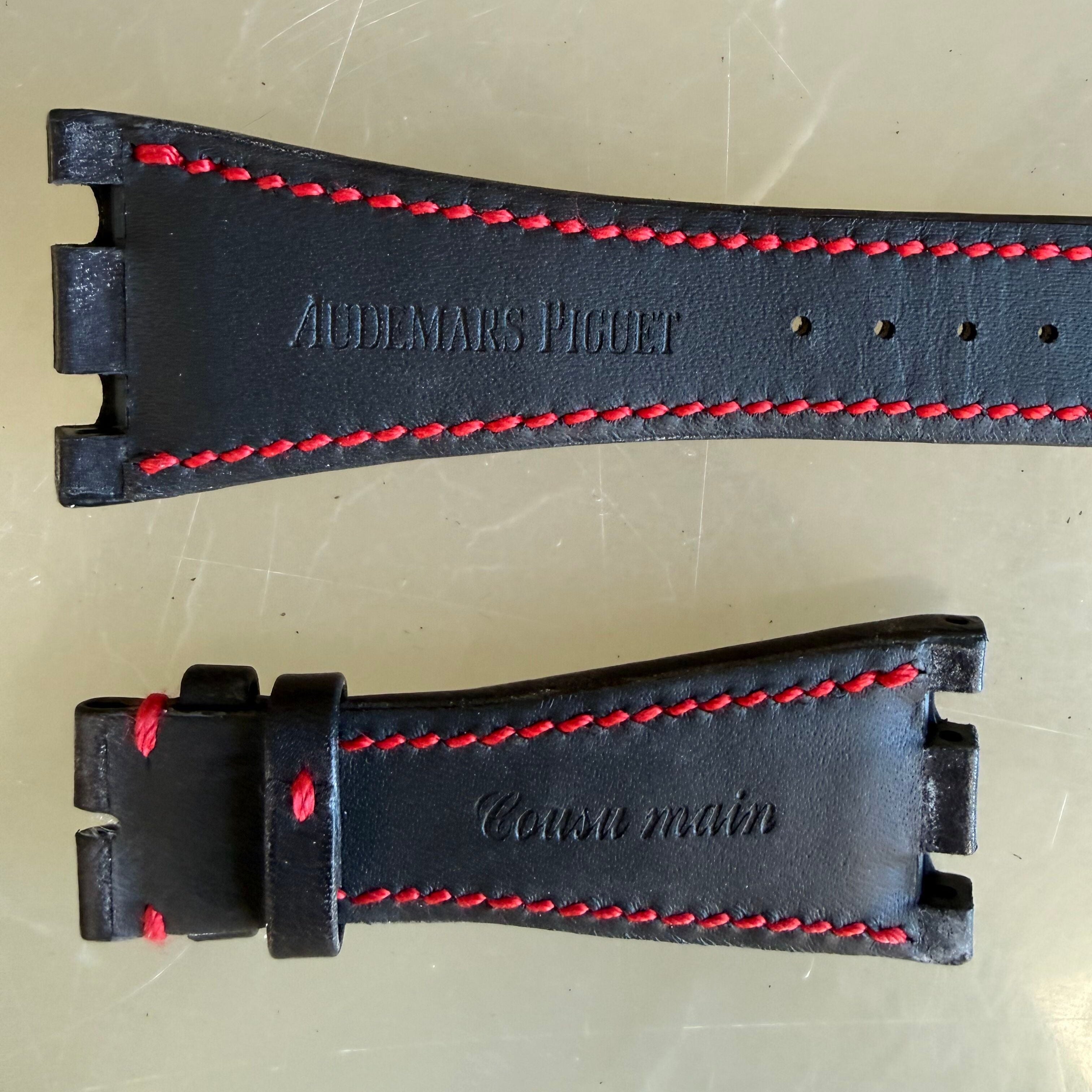 Authentic Audemars Piguet Black Leather Red Stitching Watch Band Strap 28mm