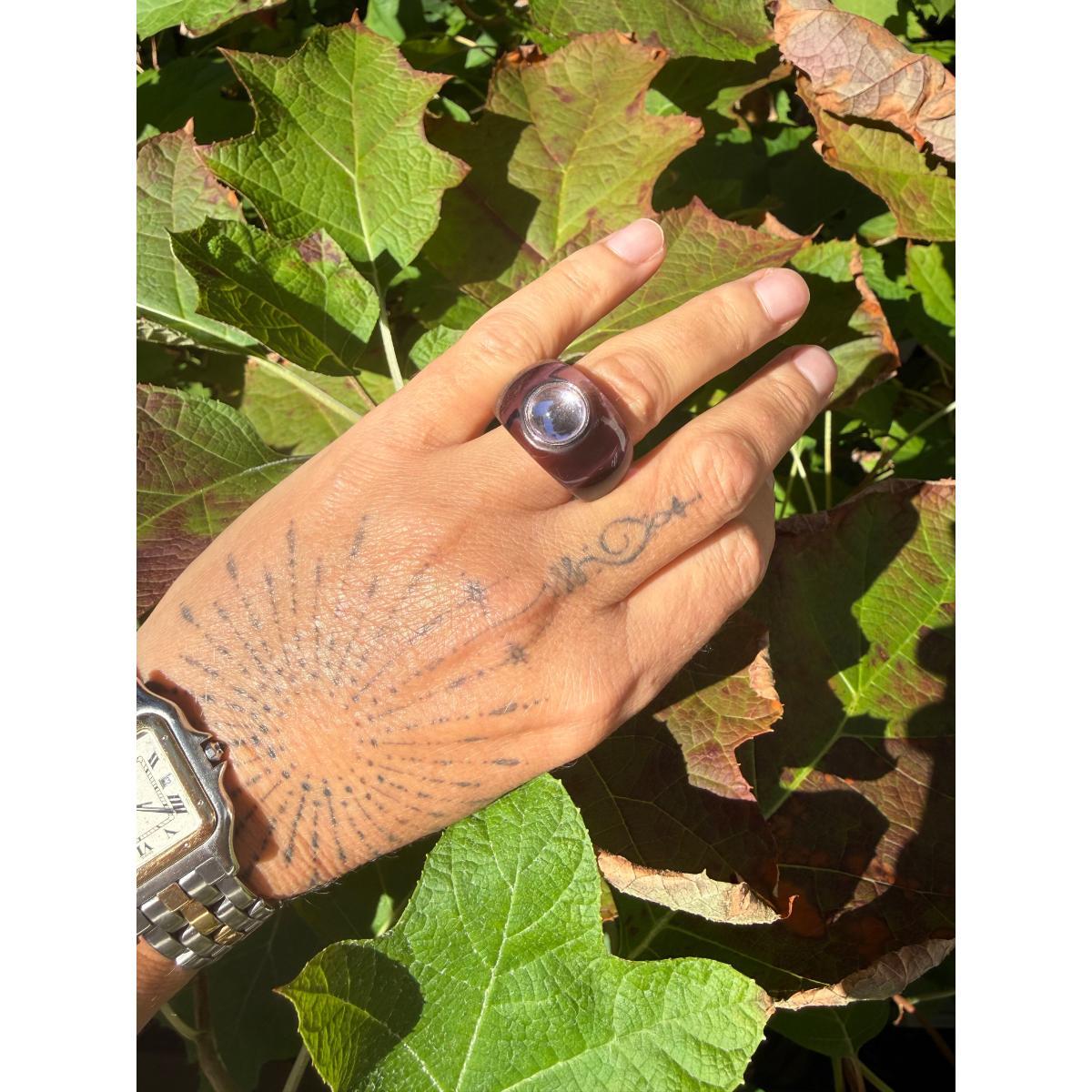 Lalique Charmante Purple Crystal Pink Cabochon Sterling Ring 10526400