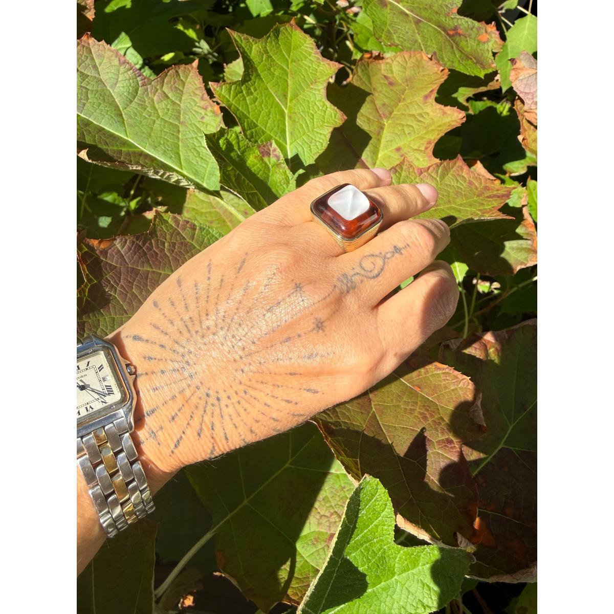Lalique Charmante Amber Crystal Clear Cabochon Sterling Vermeil Ring 10525500