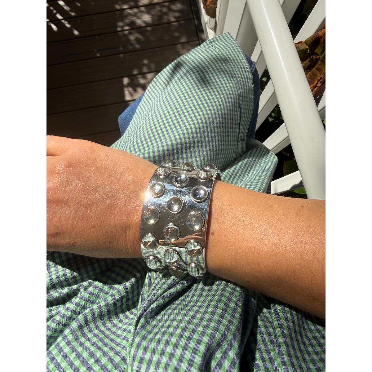Lalique Mossi 3 Row Crystal Sterling Silver Wide Cuff Bracelet 7772500
