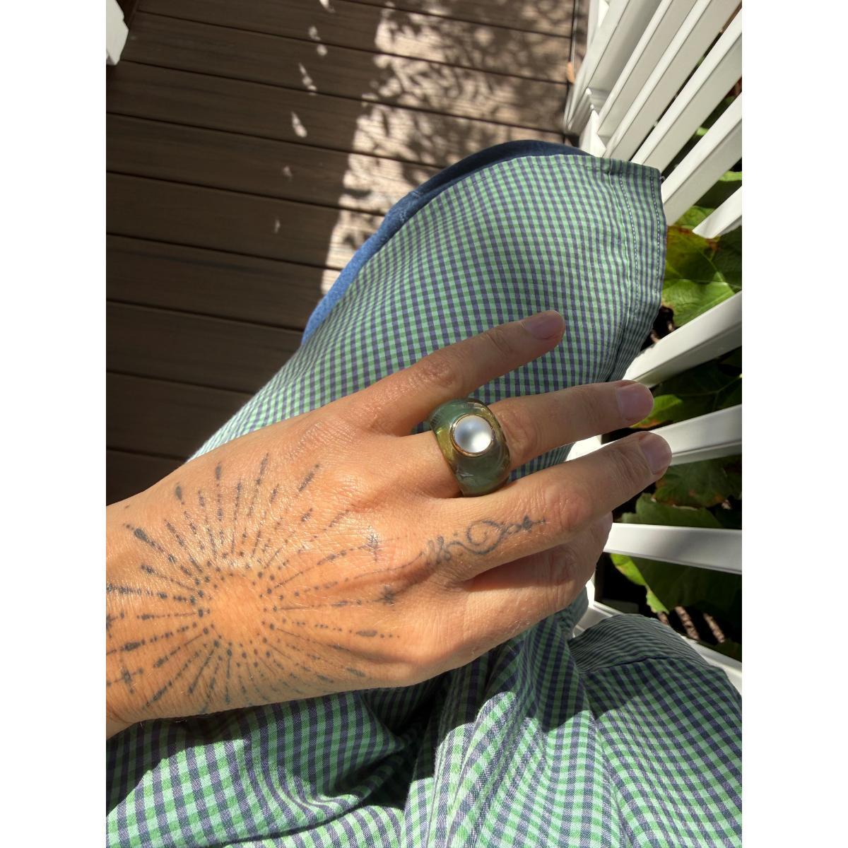 Lalique Charmante Green Crystal Clear Cabochon Sterling Ring 10452400