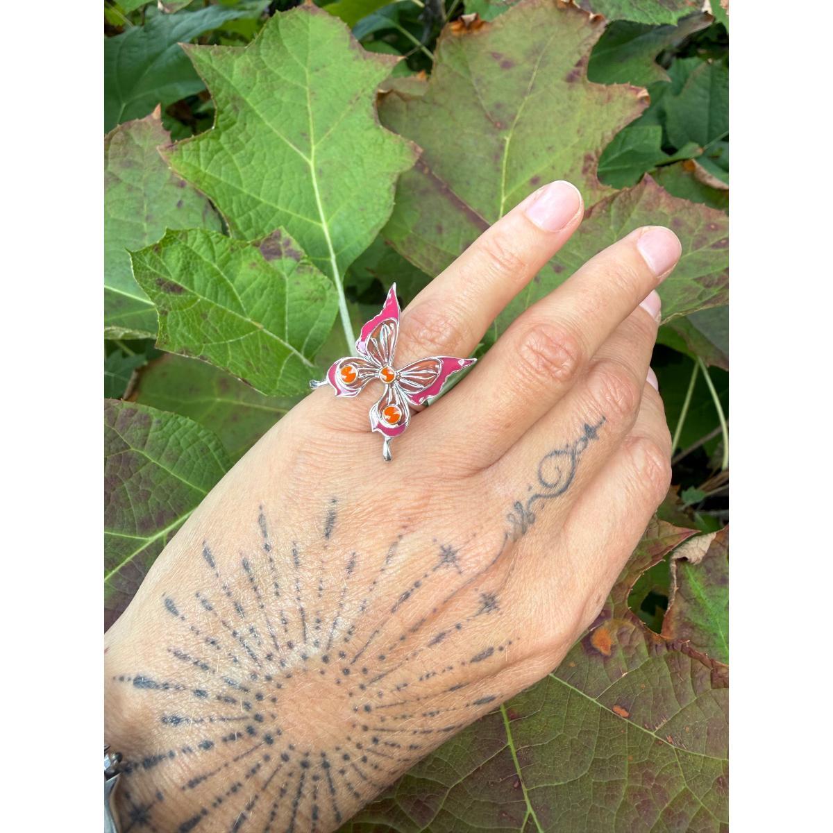 Lalique Papillon Butterfly Pink Enamel Sterling Silver Ring 10339800