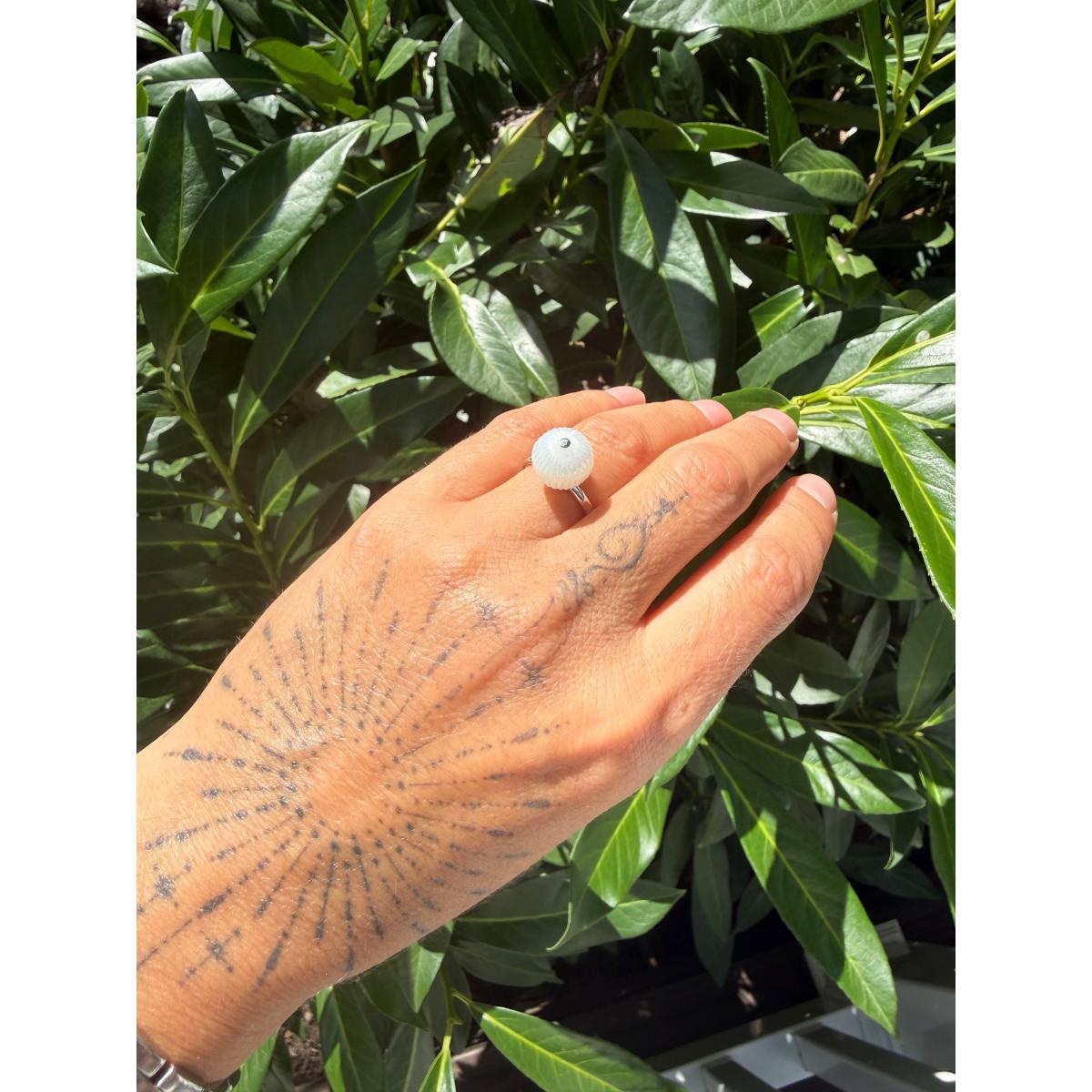 Lalique White Iridescent Crystal Ball Sterling Silver Ring 10386600