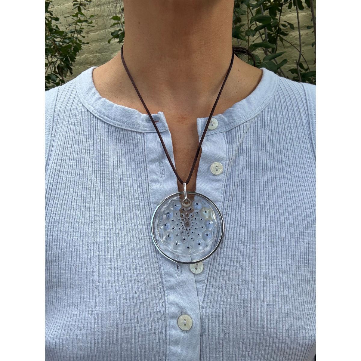 Lalique Cactus Crystal Sterling Silver Medallion Pendant Necklace 7772900