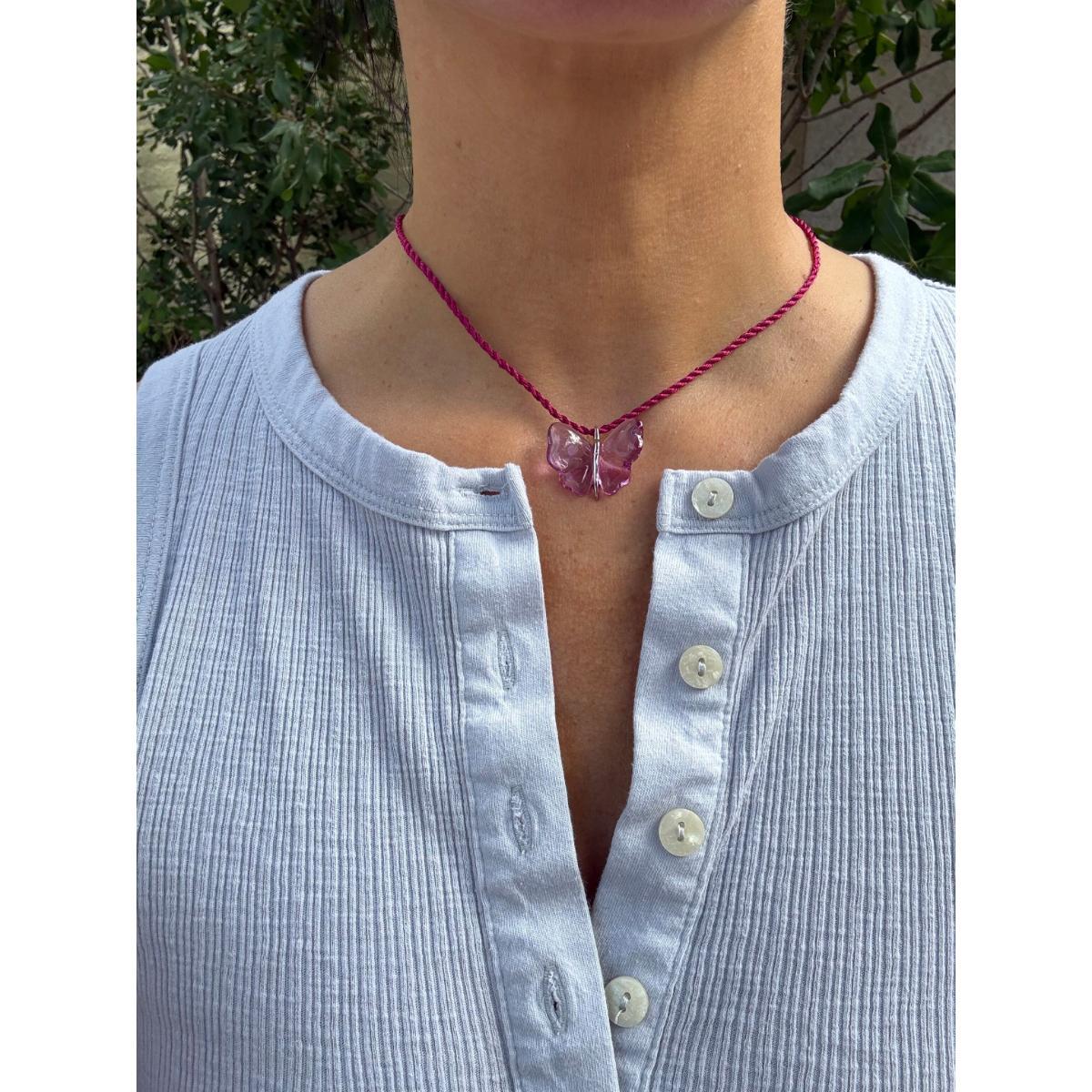Lalique Papillon Fuchsia Crystal Silver Butterfly Pendant Cord Necklace 7783900