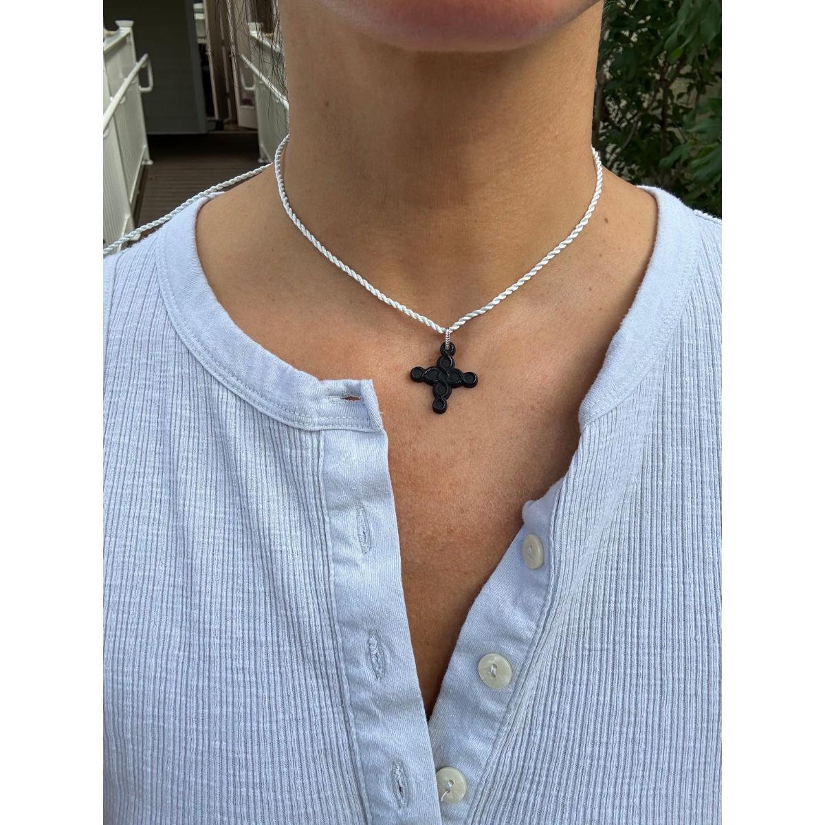 Lalique Talisman Black Crystal Silver Cross Pendant Cord Necklace 10336200