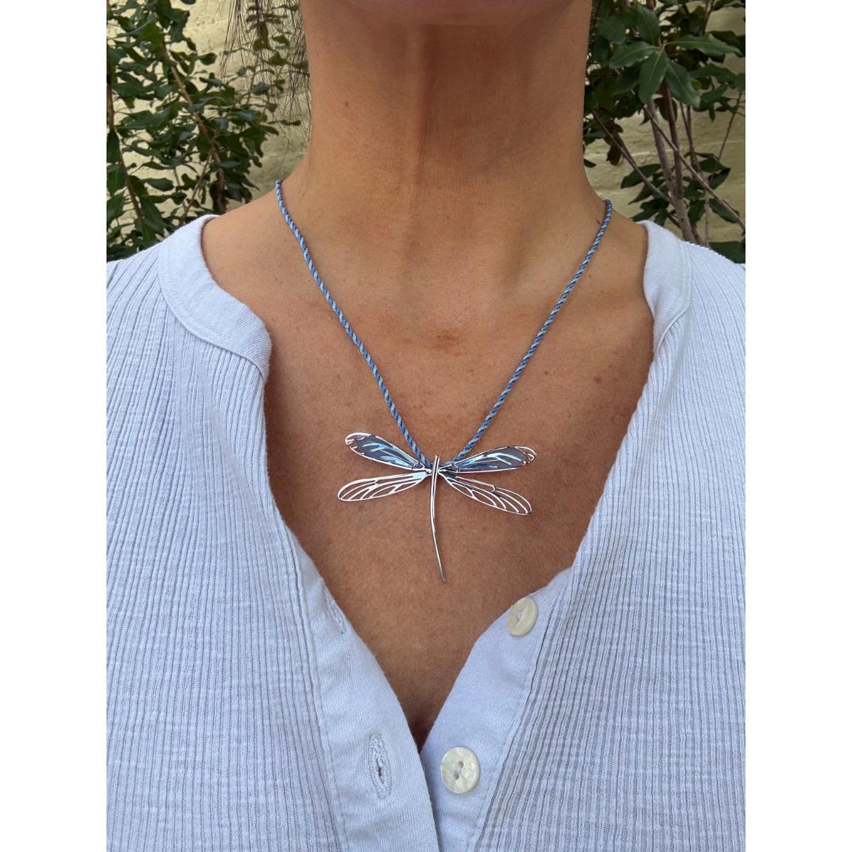 Lalique Dragonfly Blue Crystal Sterling Silver Cord Necklace 7778500
