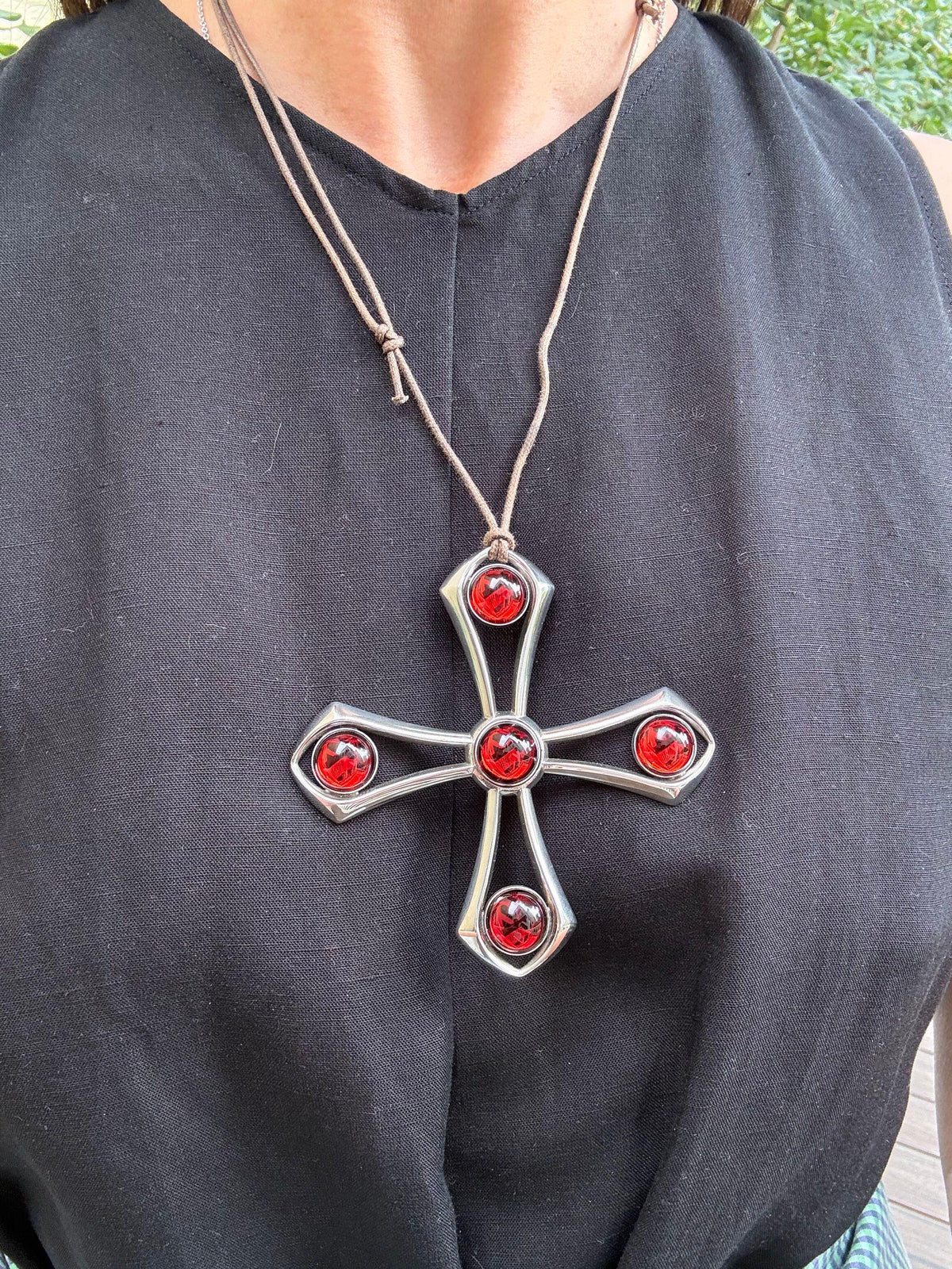 Lalique Red Crystal Sterling Silver Cross Pendant Cord Necklace 7738200