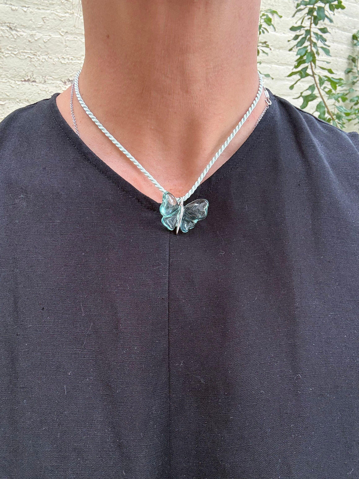 Lalique Papillon Lagoon Crystal Silver Butterfly Pendant Cord Necklace 7680300