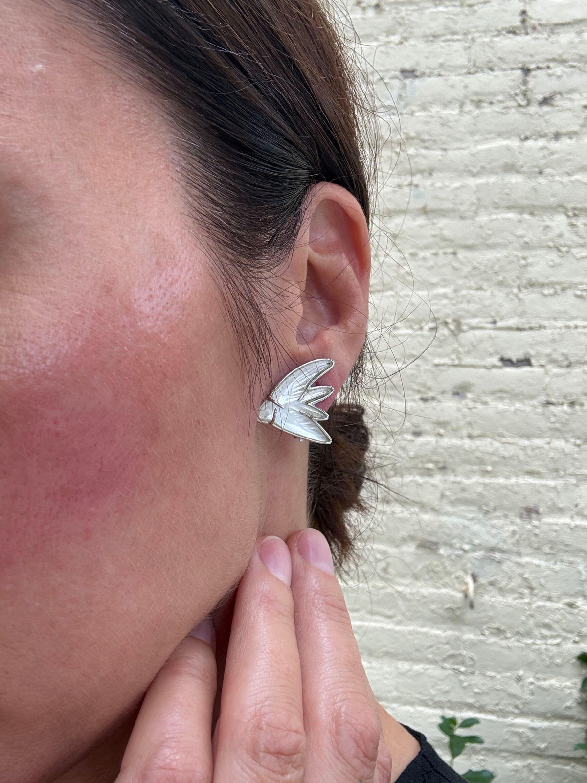 Lalique Hirondolles Swallows Clear Crystal Sterling Silver Clip Earrings 6701400