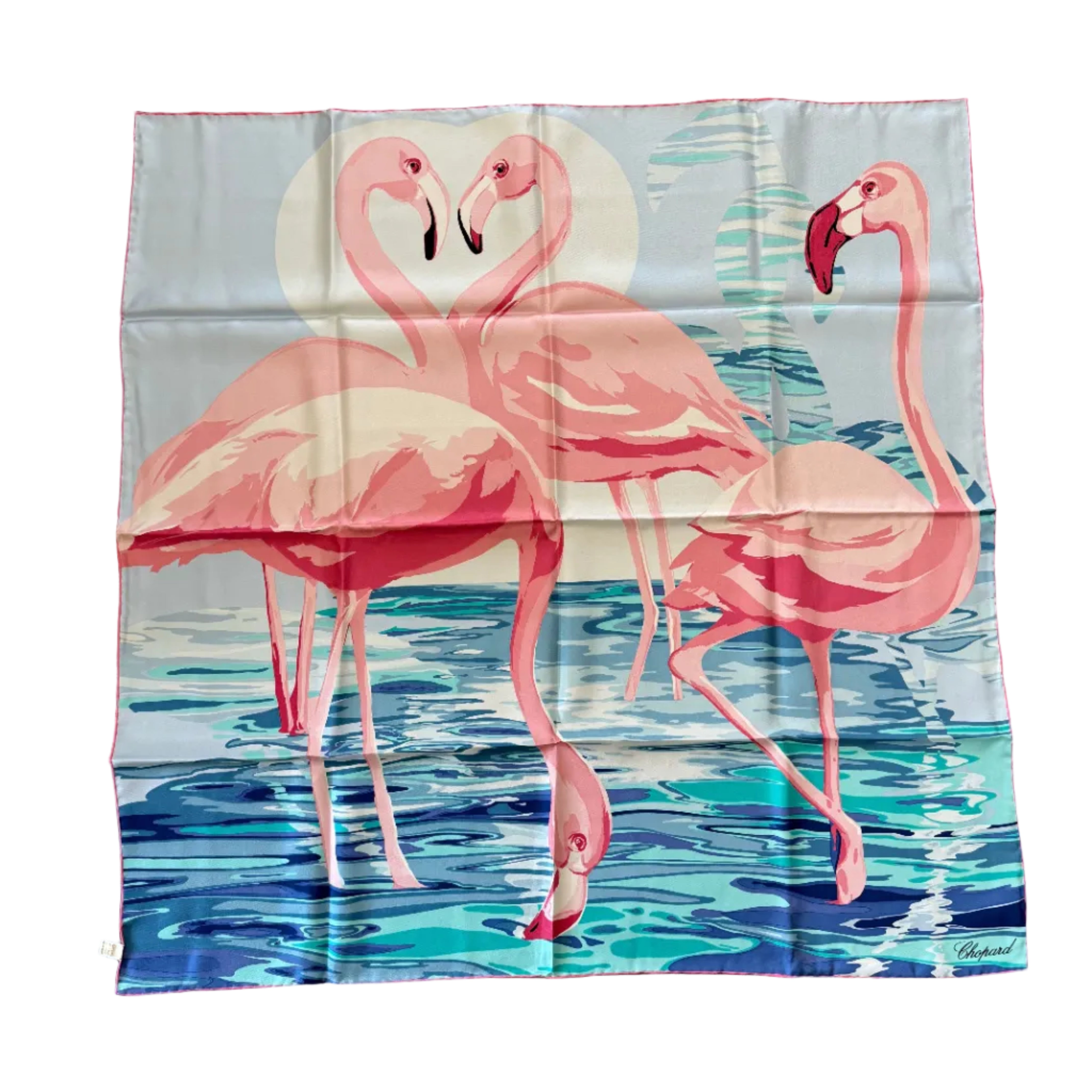 Chopard Flamingo Blue Organic Silk Twill Womens Foulard Scarf 95002-0711