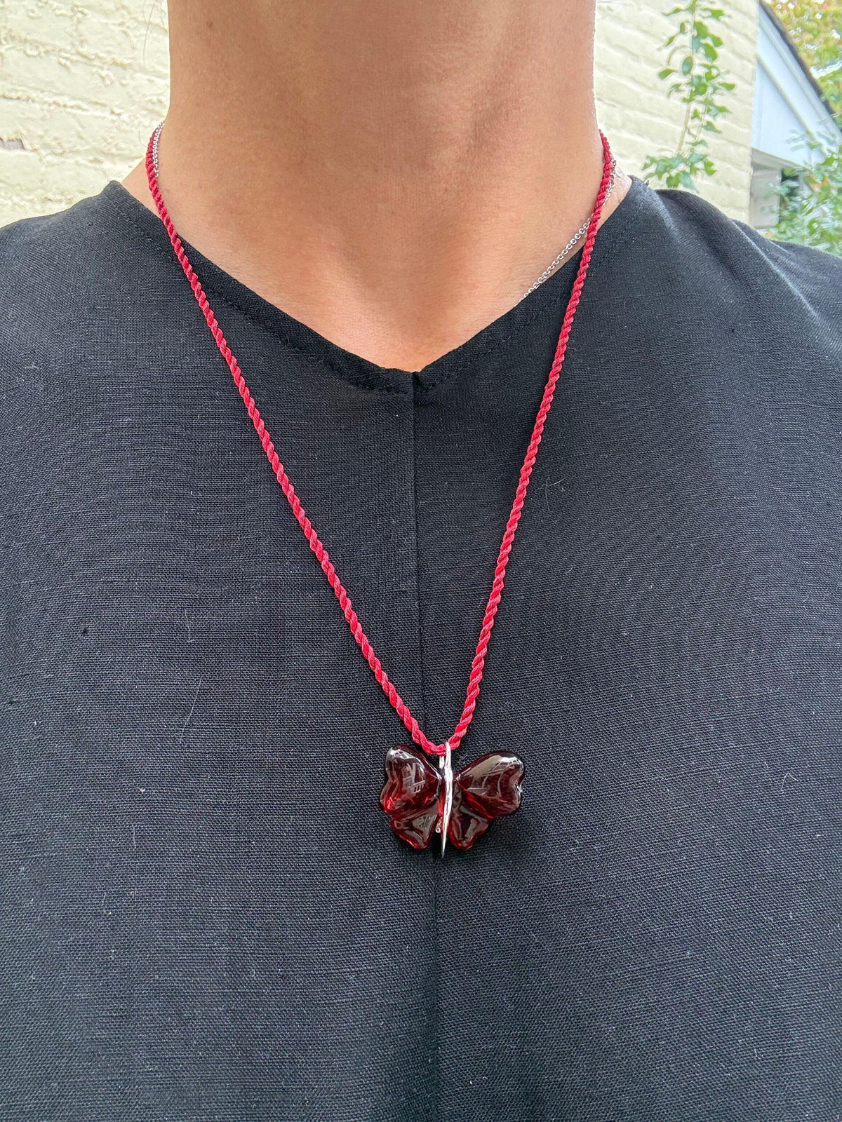 Lalique Papillon Red Crystal Silver Butterfly Pendant Cord Necklace 7680400