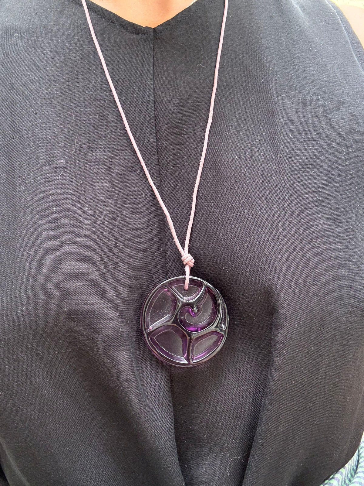 Lalique Tourbillons Swirl Purple Crystal Pendant Cord Necklace 7740500