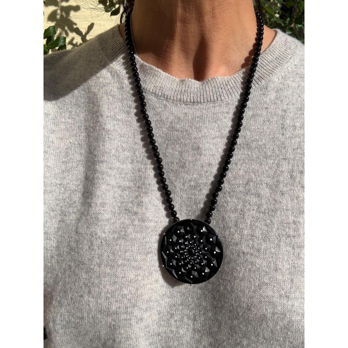 Lalique Cactus Black Crystal Onyx Sterling Medallion Pendant Necklace 10394300
