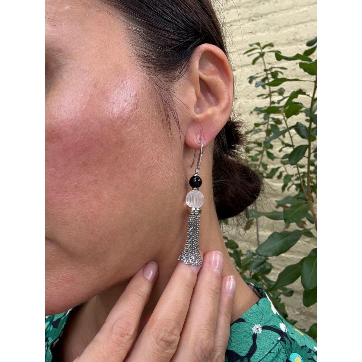 Lalique Vibrante Carved Crystal Onyx Sterling Tassel Earrings 10531000