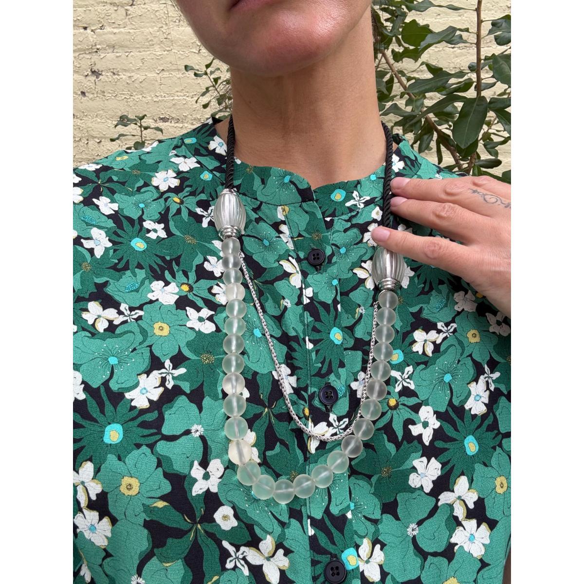 Lalique Vibrante Oval Crystal Bead Sterling Silver Cord Necklace 10531400