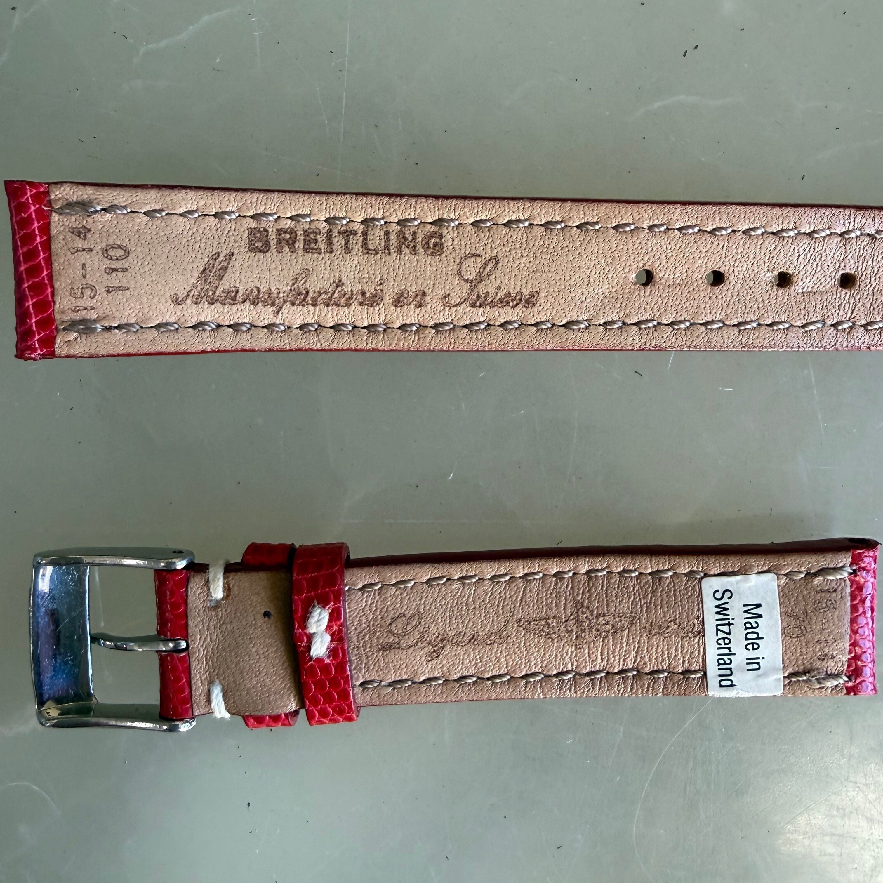 Authentic Breitling Red Lizard Padded & Stitched Watch Strap Band 15mm w Buckle 104Z