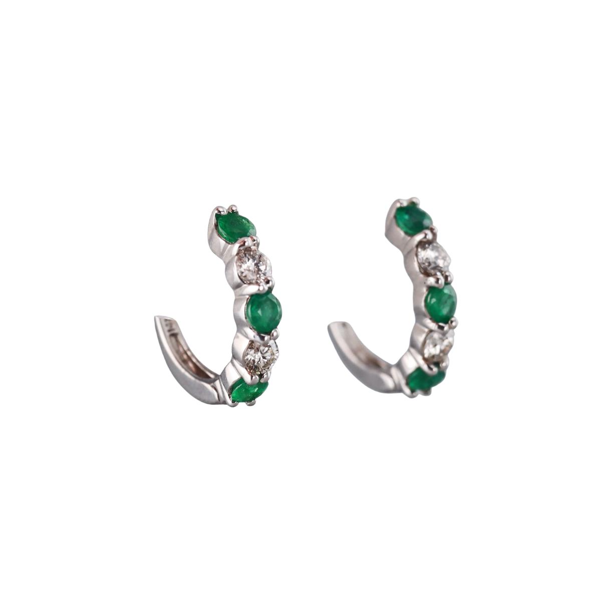 14k Gold Diamond Emerald Hoop Earrings