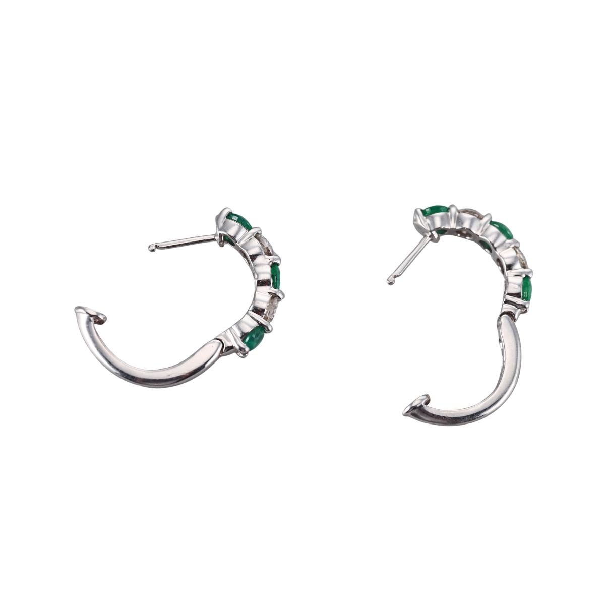 14k Gold Diamond Emerald Hoop Earrings