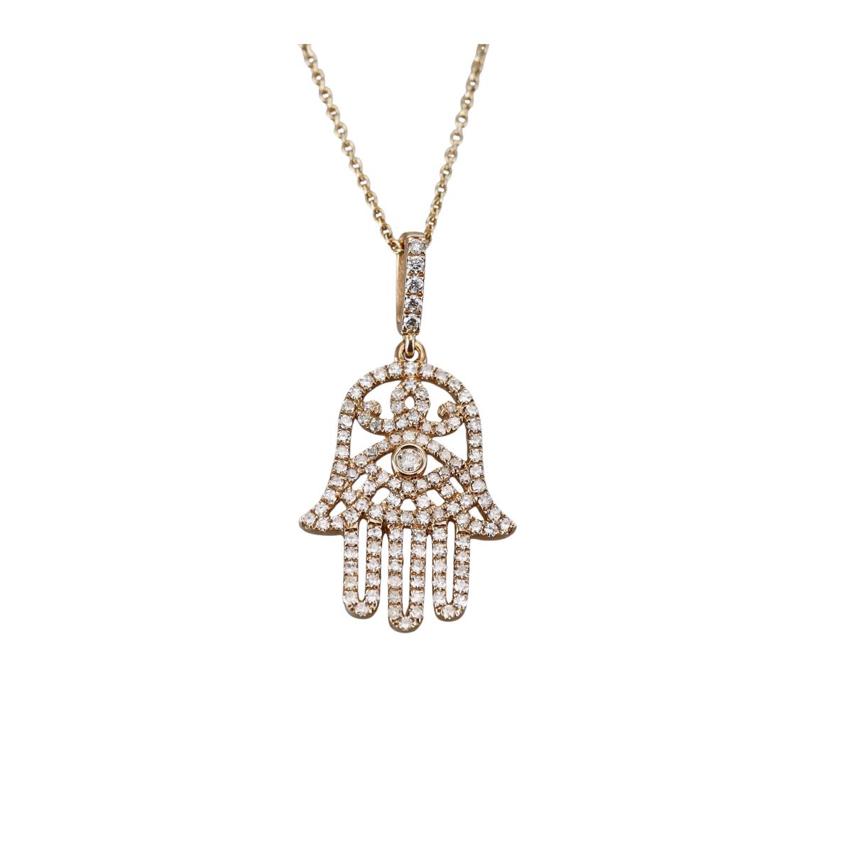 14k Yellow Gold Diamond Hamsa Hand Pendant Necklace