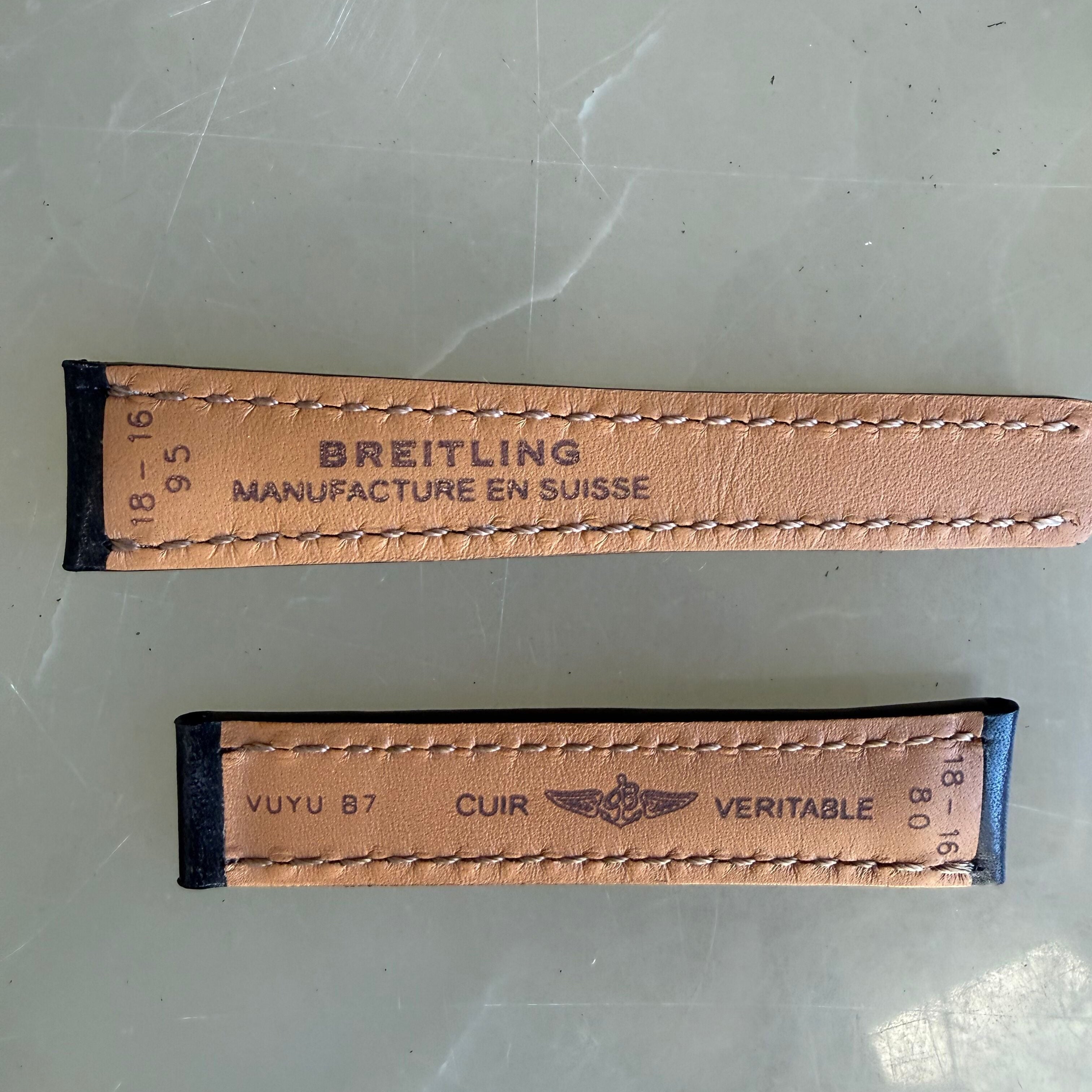 Authentic Breitling Black Leather Watch Strap Band 18mm VUYUB7