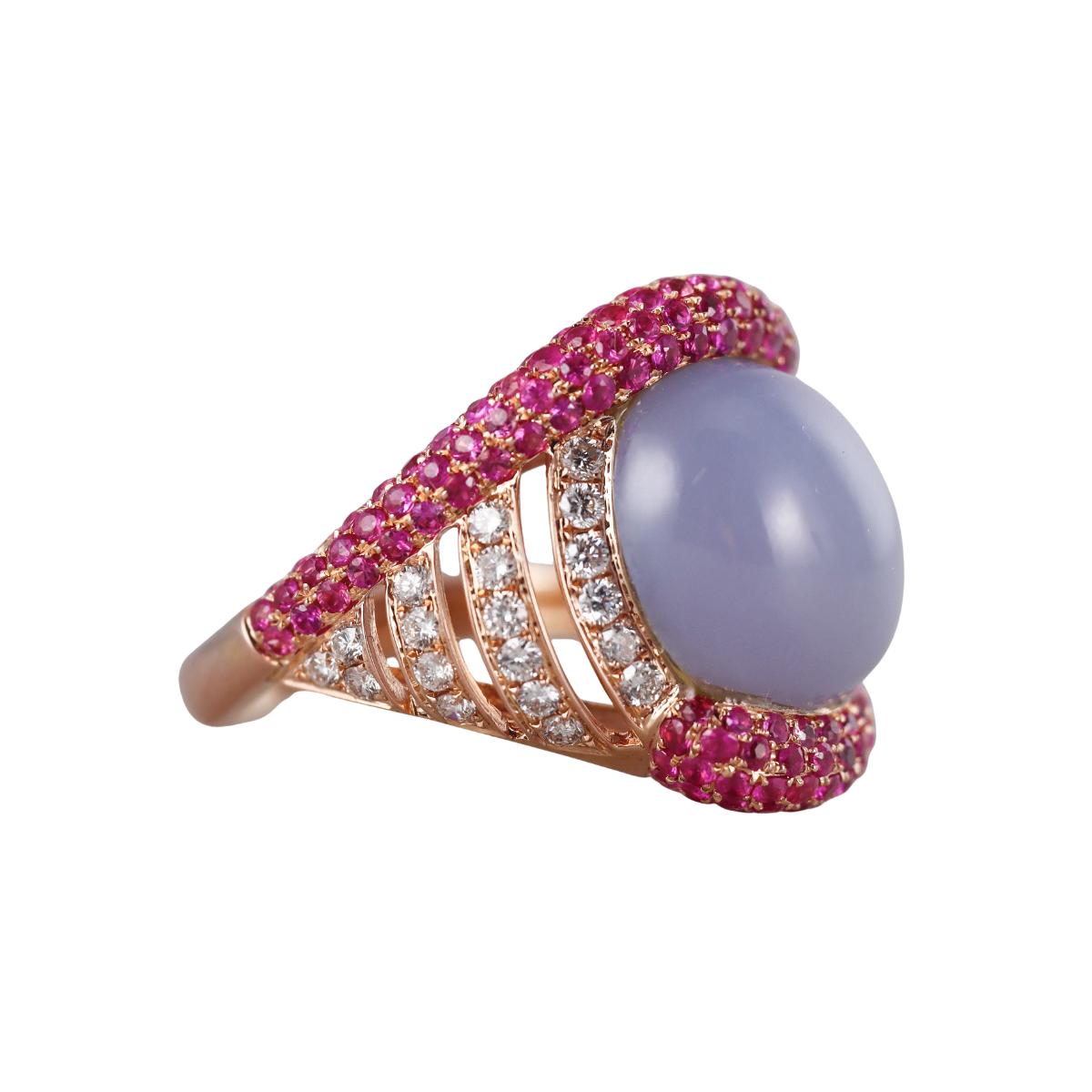 18k Gold Pink Sapphire Chalcedony Diamond Ring