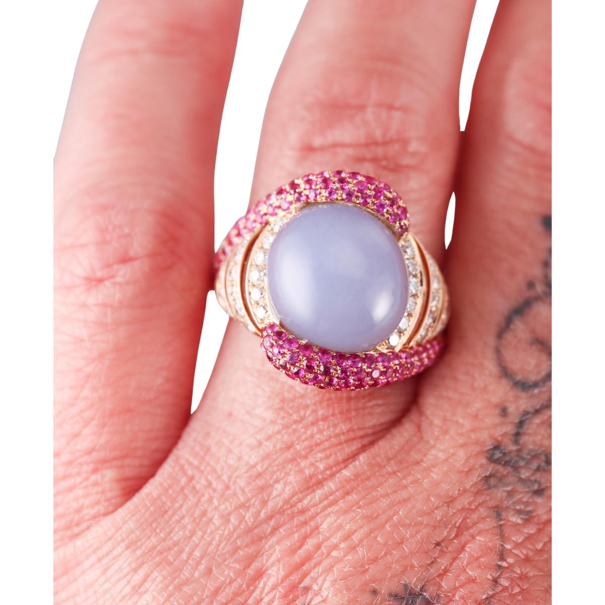 18k Gold Pink Sapphire Chalcedony Diamond Ring
